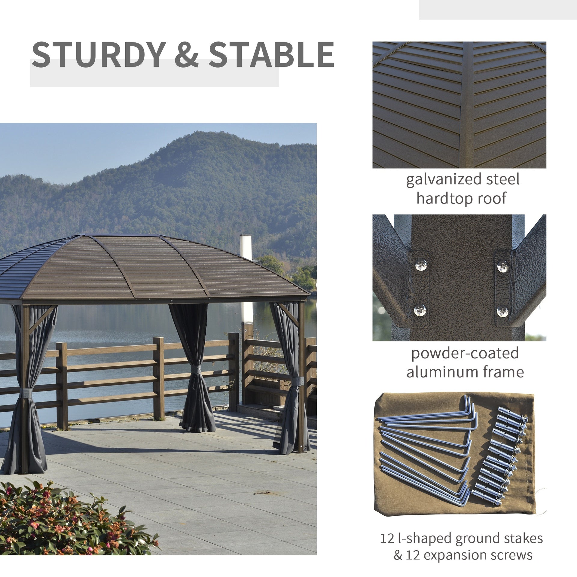 Outsunny 10' x 13' Hardtop Gazebo with Curtains, Netting, Pavilion with Steel Roof Ceiling Hook for Garden Patio, Gray