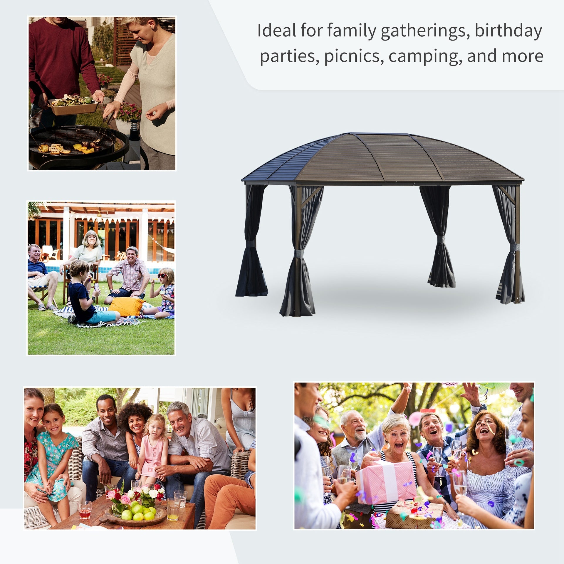 Outsunny 10' x 13' Hardtop Gazebo with Curtains, Netting, Pavilion with Steel Roof Ceiling Hook for Garden Patio, Gray
