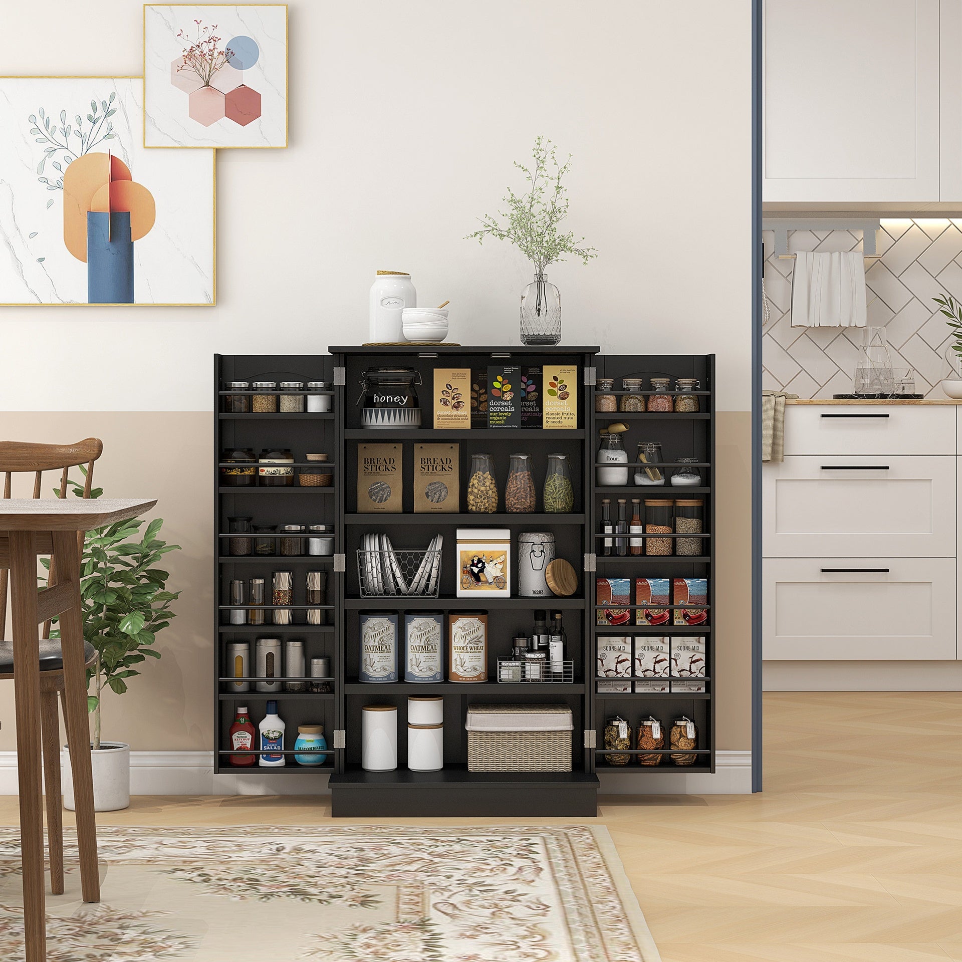 HOMCOM Freestanding Kitchen Pantry Cabinet, Kitchen Cabinet with 12 Door Shelves, Double Doors, 5-tier Shelving, Black
