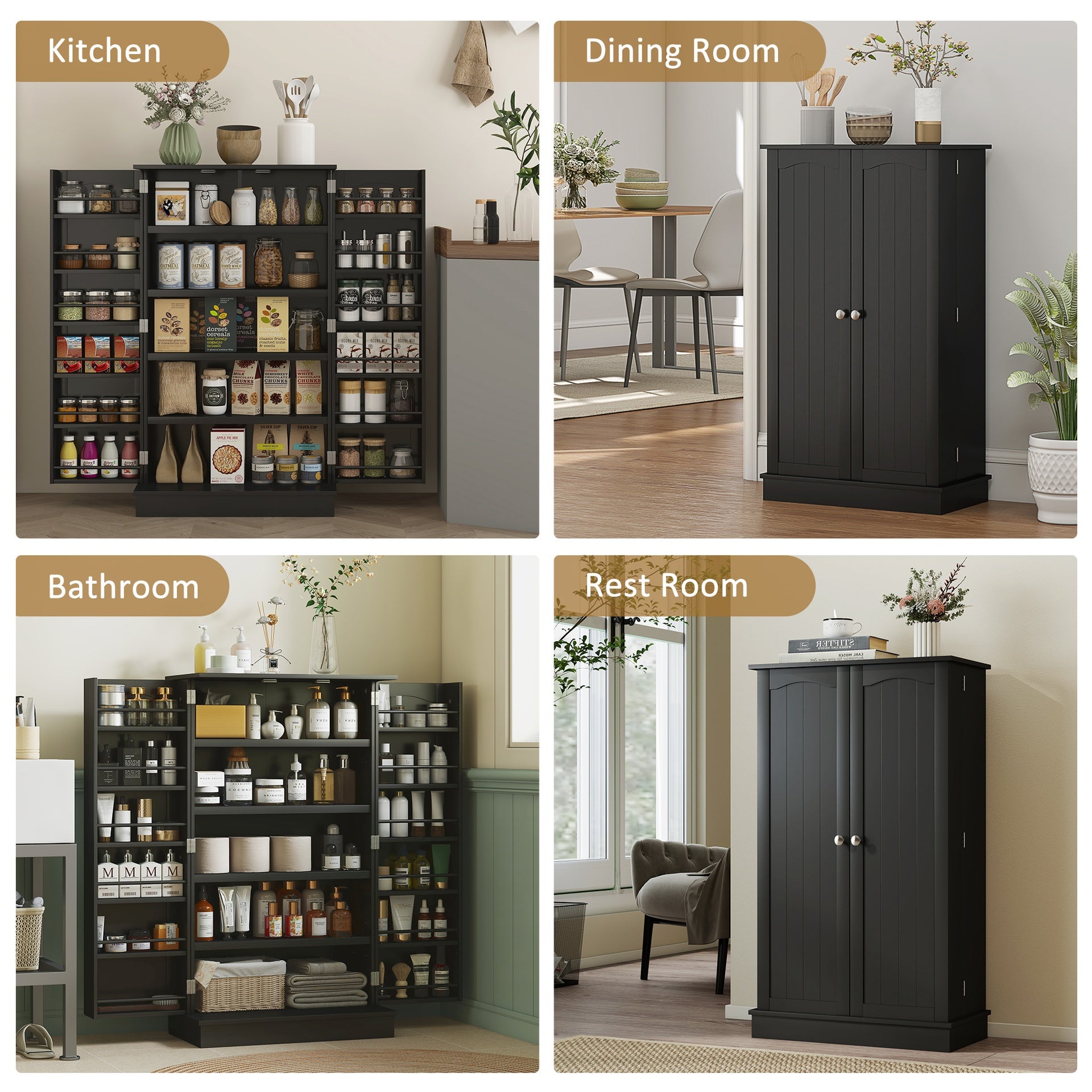 HOMCOM Freestanding Kitchen Pantry Cabinet, Kitchen Cabinet with 12 Door Shelves, Double Doors, 5-tier Shelving, Black