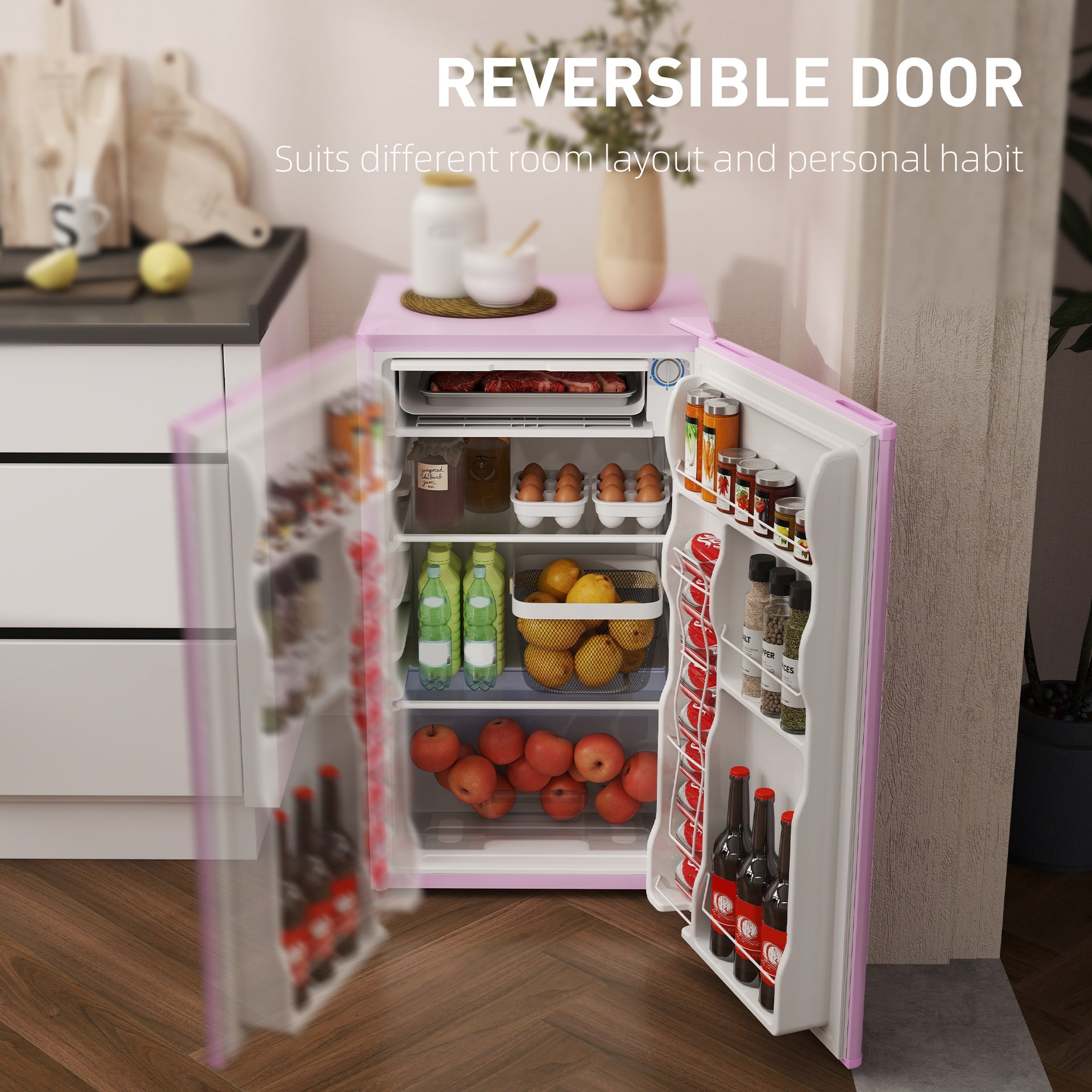 HOMCOM 3.2 Cu.Ft Mini Fridge with Freezer, Single Door Compact Refrigerator with Adjustable Thermostat, Reversible Door, Pink
