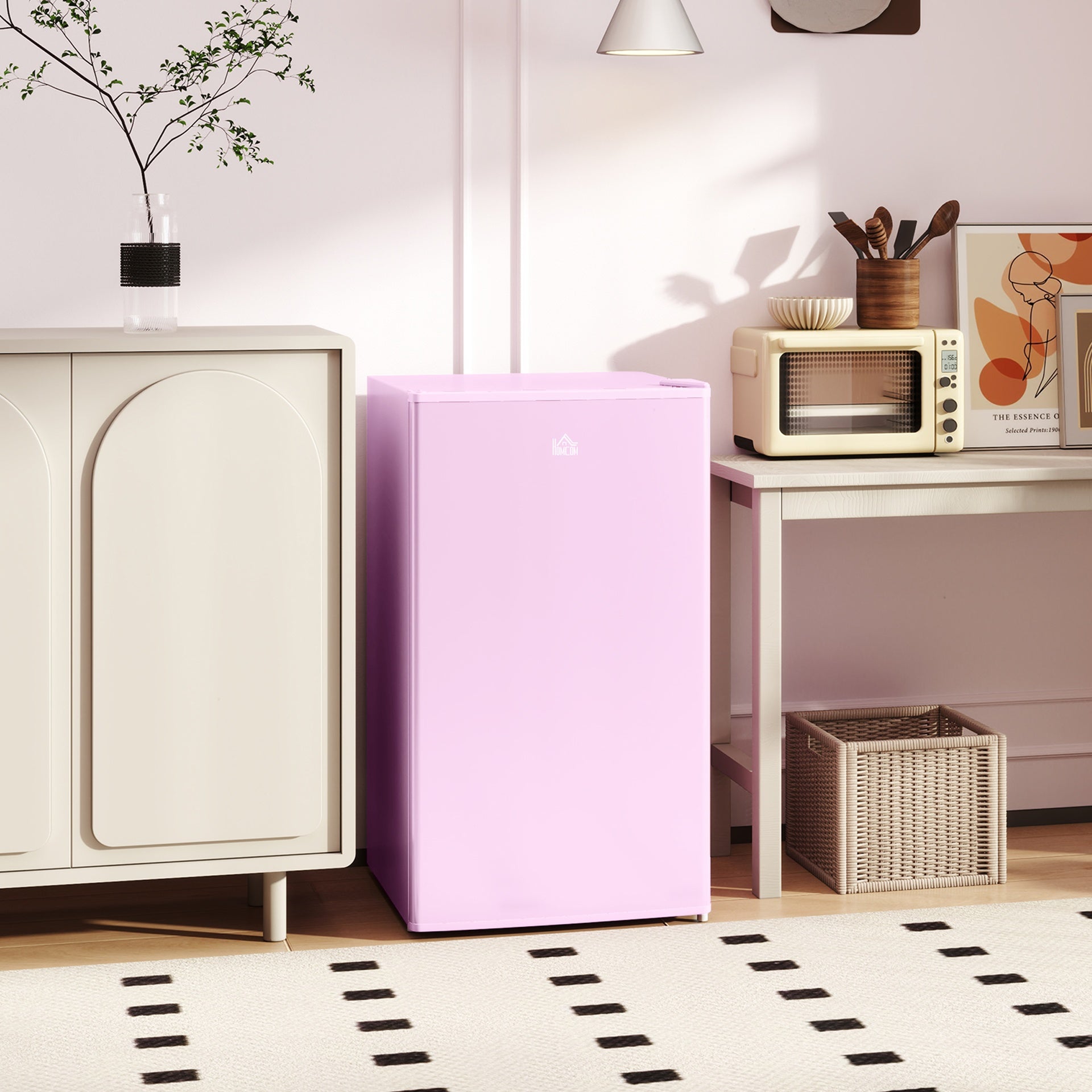 HOMCOM 3.2 Cu.Ft Mini Fridge with Freezer, Single Door Compact Refrigerator with Adjustable Thermostat, Reversible Door, Pink