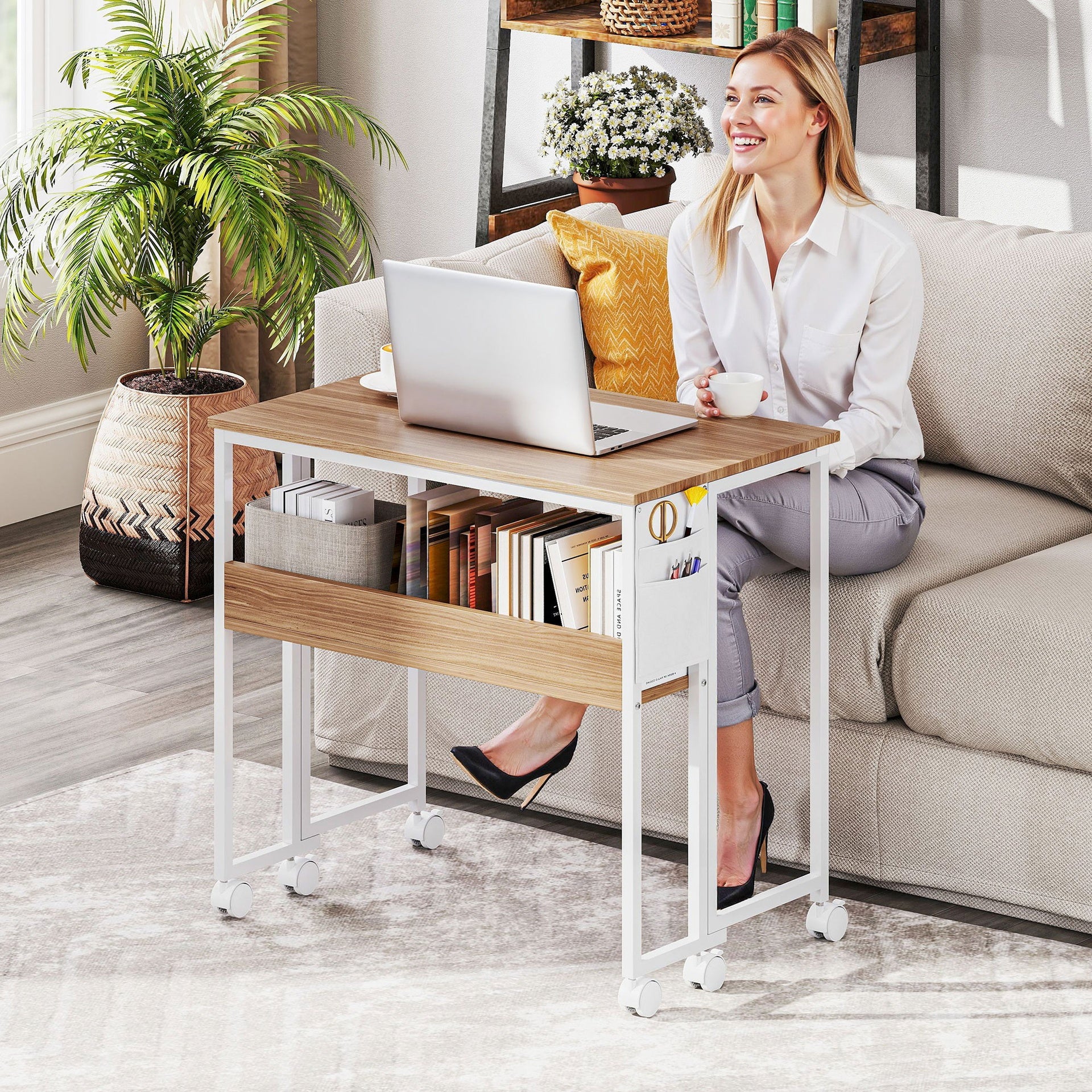 HOMCOM Folding Computer Desk, Foldable Desk with Storage Bag, Shelf and Wheels for Small Spaces, Home Office, Natural Wood