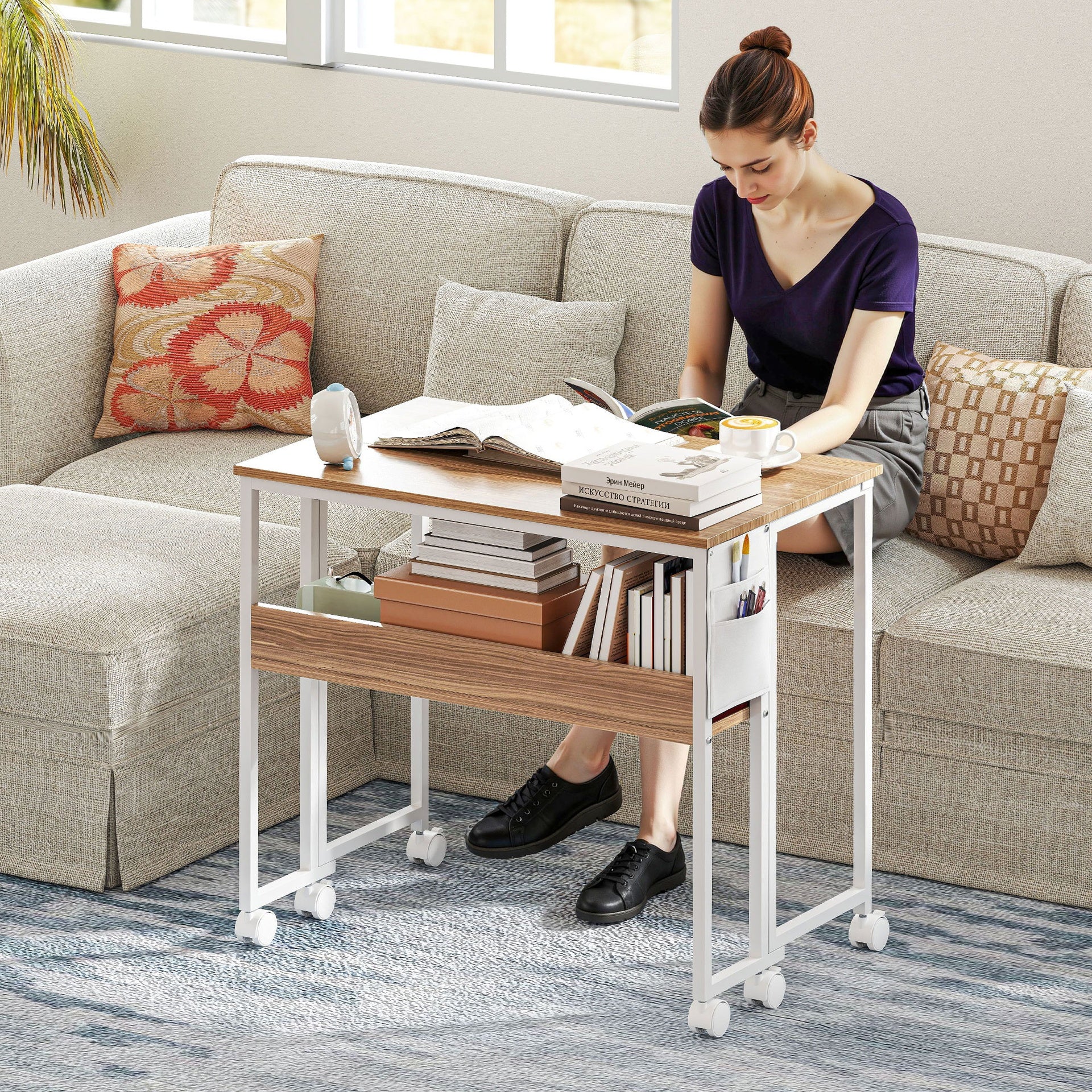 HOMCOM Folding Computer Desk, Foldable Desk with Storage Bag, Shelf and Wheels for Small Spaces, Home Office, Natural Wood
