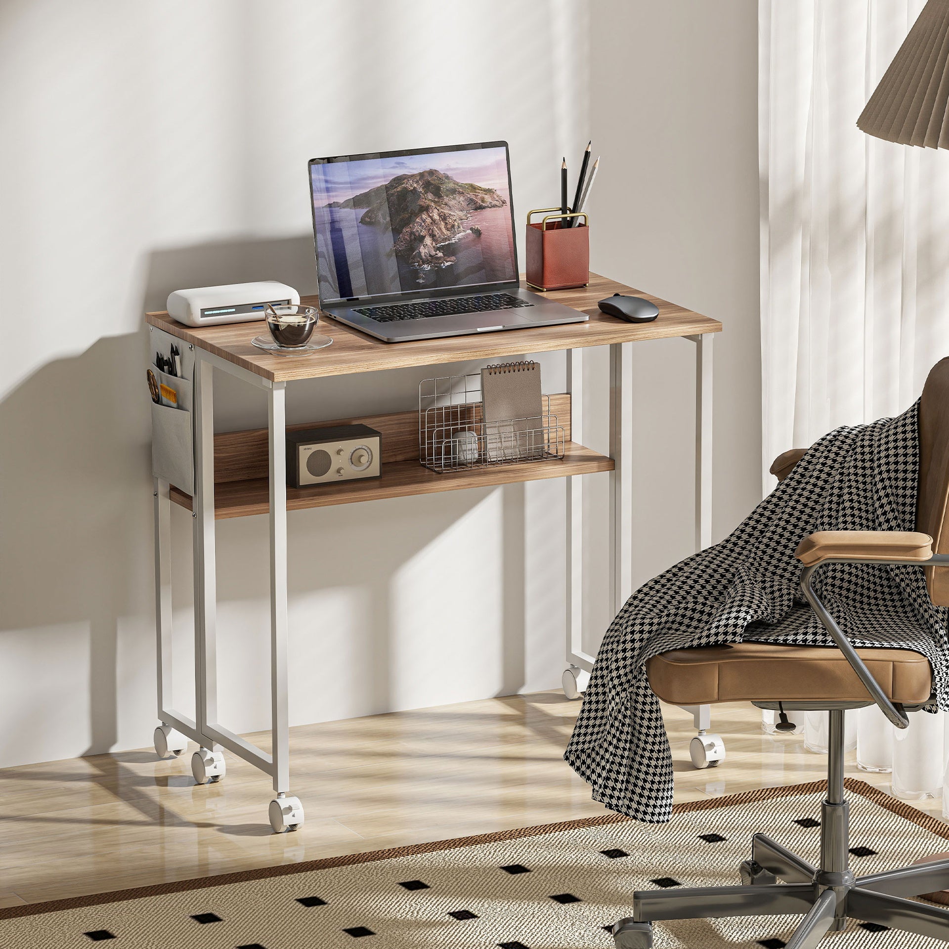 HOMCOM Folding Computer Desk, Foldable Desk with Storage Bag, Shelf and Wheels for Small Spaces, Home Office, Natural Wood