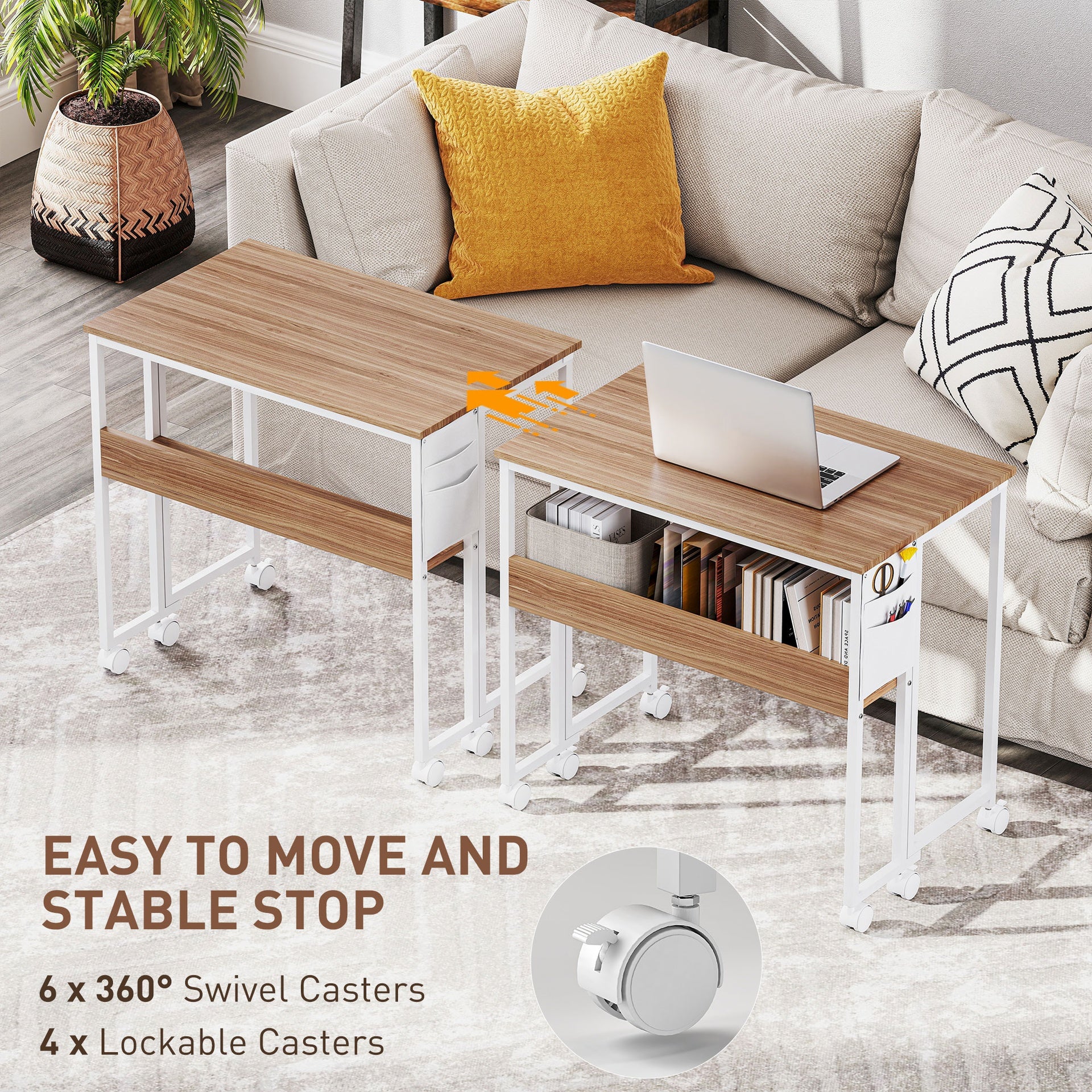 HOMCOM Folding Computer Desk, Foldable Desk with Storage Bag, Shelf and Wheels for Small Spaces, Home Office, Natural Wood