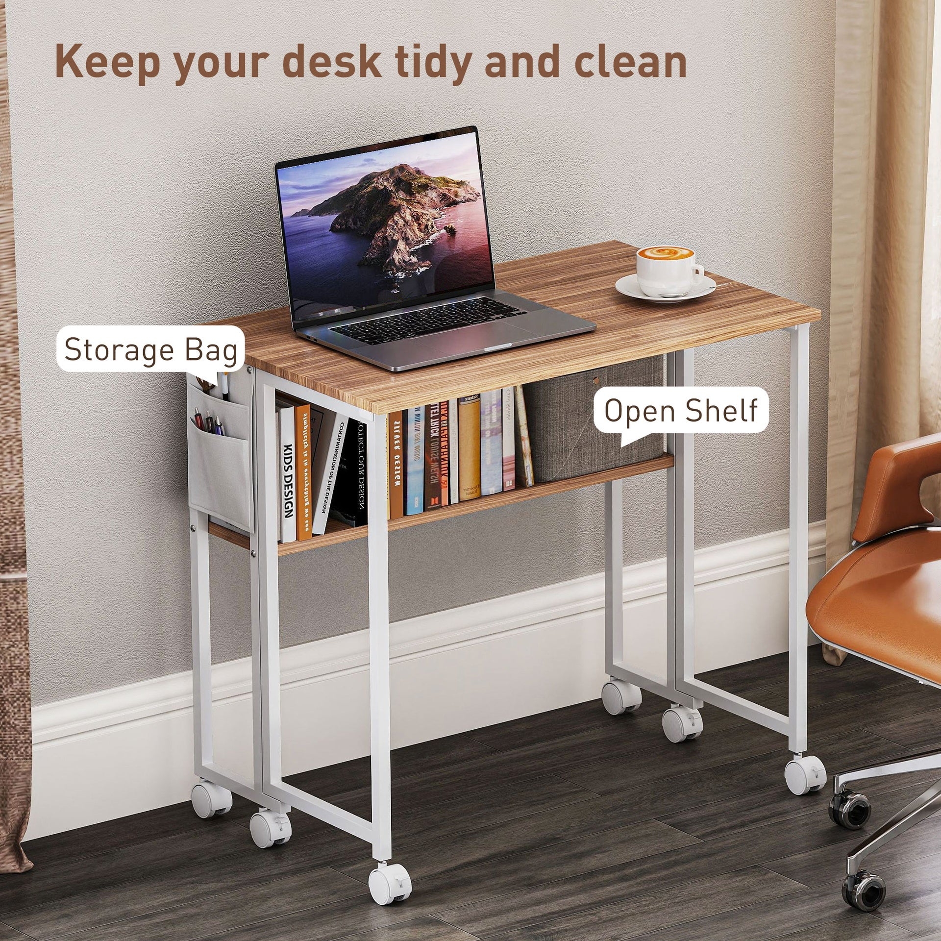 HOMCOM Folding Computer Desk, Foldable Desk with Storage Bag, Shelf and Wheels for Small Spaces, Home Office, Natural Wood