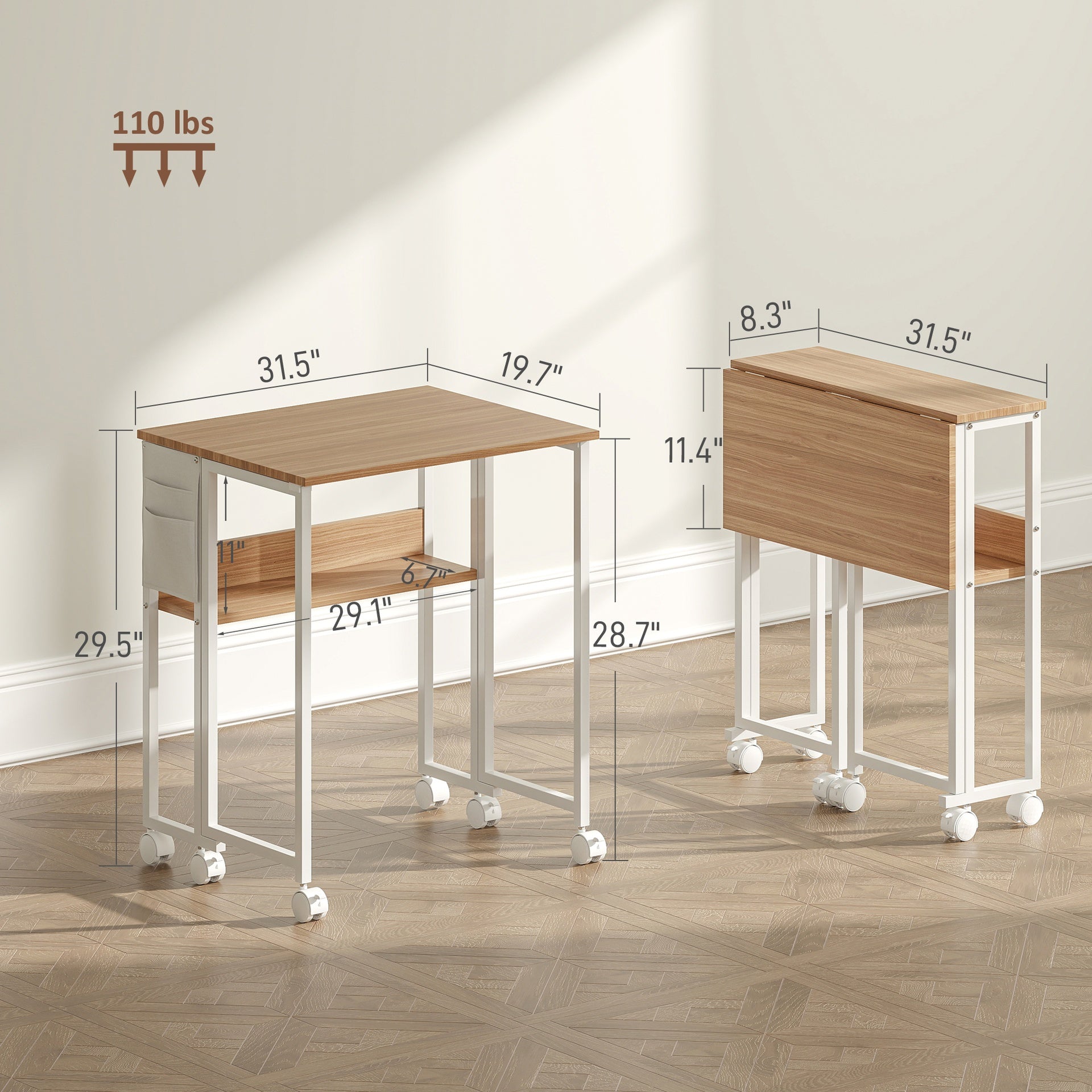 HOMCOM Folding Computer Desk, Foldable Desk with Storage Bag, Shelf and Wheels for Small Spaces, Home Office, Natural Wood