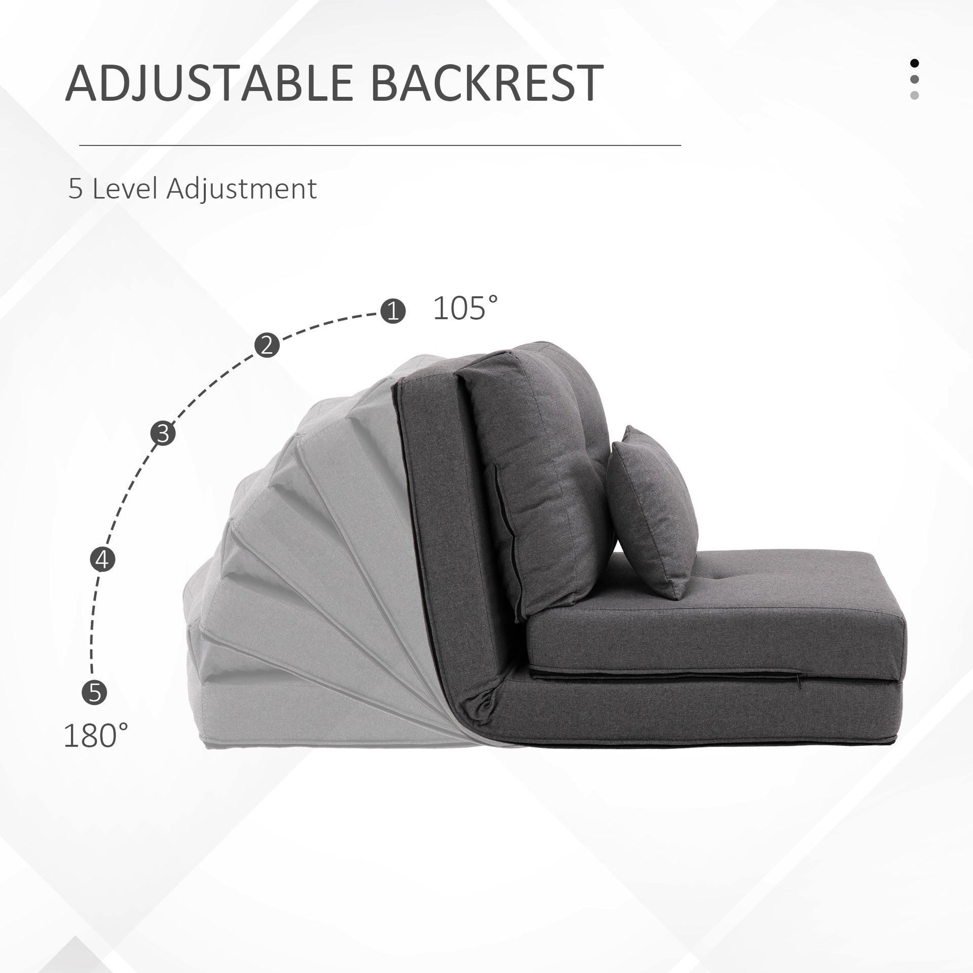 HOMCOM Convertible Flip Chair, Floor Lazy Sofa, Folding Upholstered Couch Bed with Adjustable Backrest, Metal Frame and Pillows for Living Room Bedroom, Dark Gray