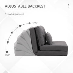 HOMCOM Convertible Flip Chair, Floor Lazy Sofa, Folding Upholstered Couch Bed with Adjustable Backrest, Metal Frame and Pillows for Living Room Bedroom, Dark Gray