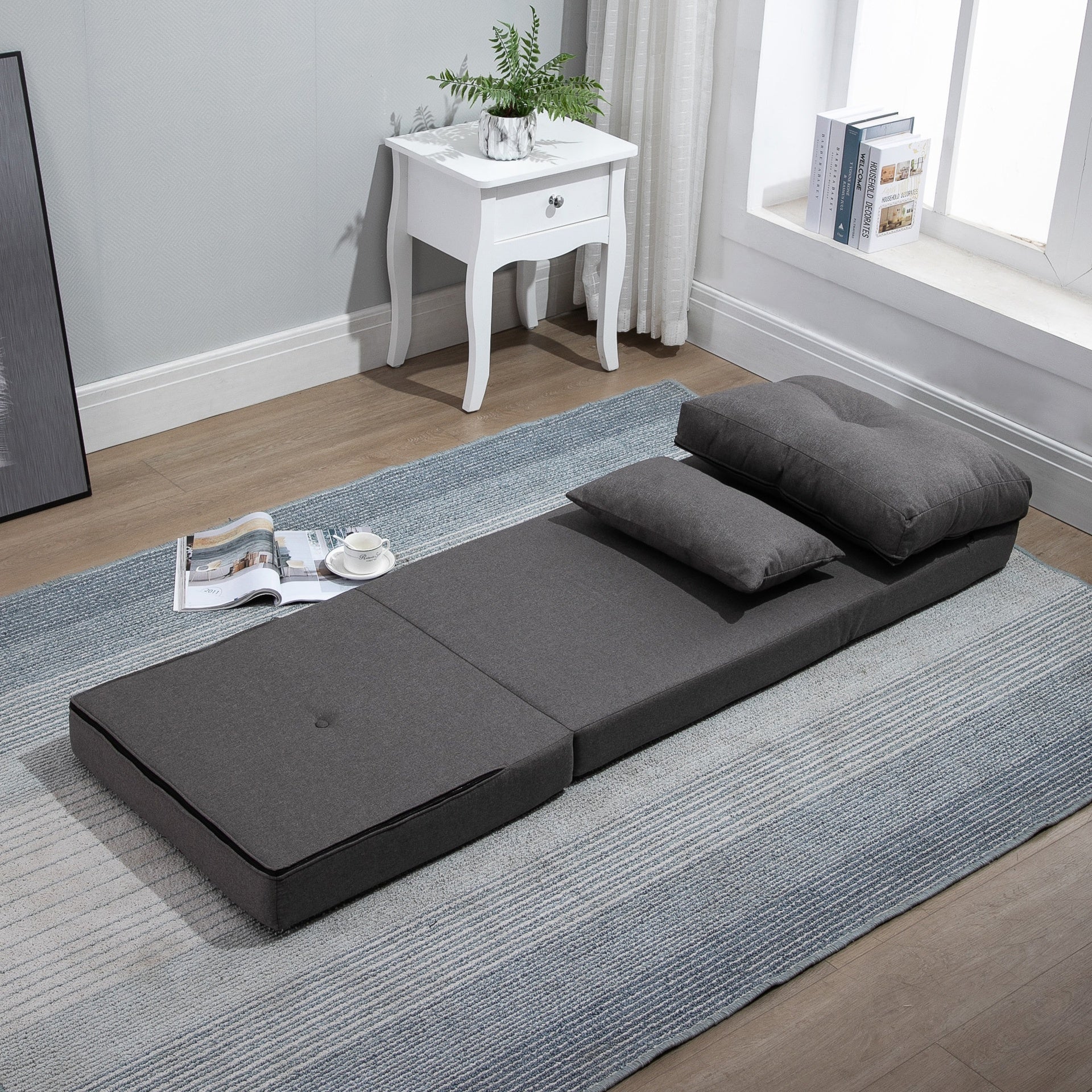 HOMCOM Convertible Flip Chair, Floor Lazy Sofa, Folding Upholstered Couch Bed with Adjustable Backrest, Metal Frame and Pillows for Living Room Bedroom, Dark Gray