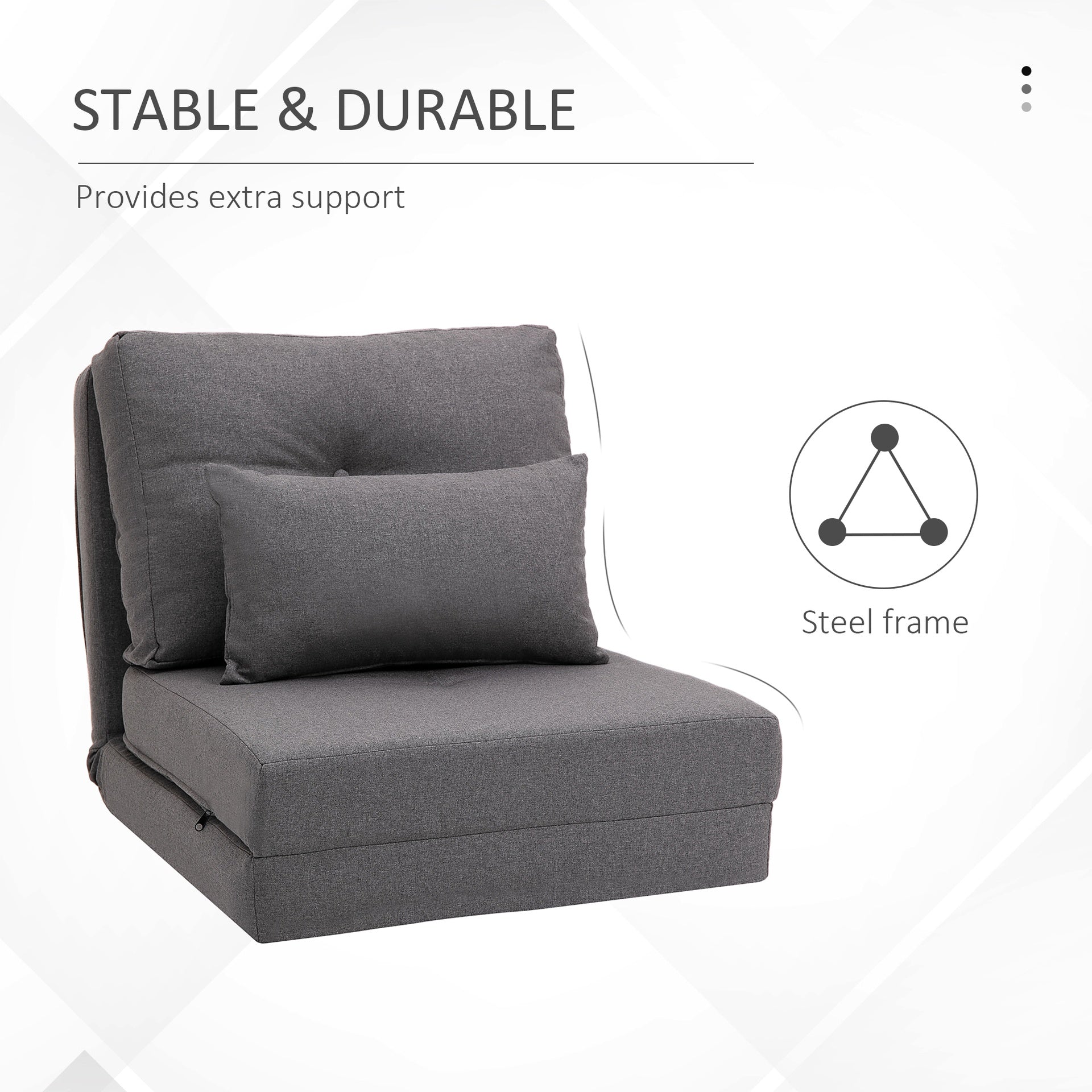 HOMCOM Convertible Flip Chair, Floor Lazy Sofa, Folding Upholstered Couch Bed with Adjustable Backrest, Metal Frame and Pillows for Living Room Bedroom, Dark Gray