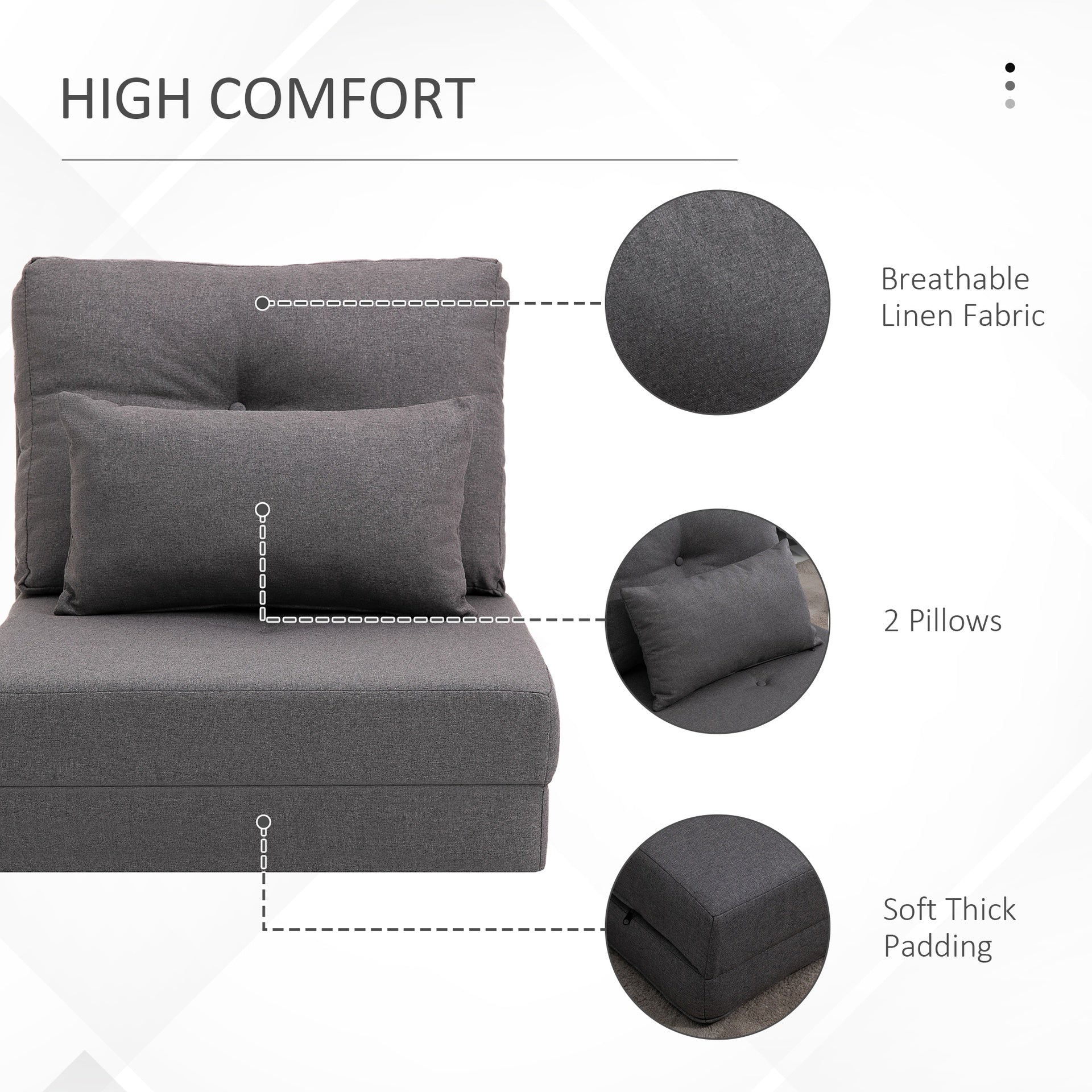 HOMCOM Convertible Flip Chair, Floor Lazy Sofa, Folding Upholstered Couch Bed with Adjustable Backrest, Metal Frame and Pillows for Living Room Bedroom, Dark Gray