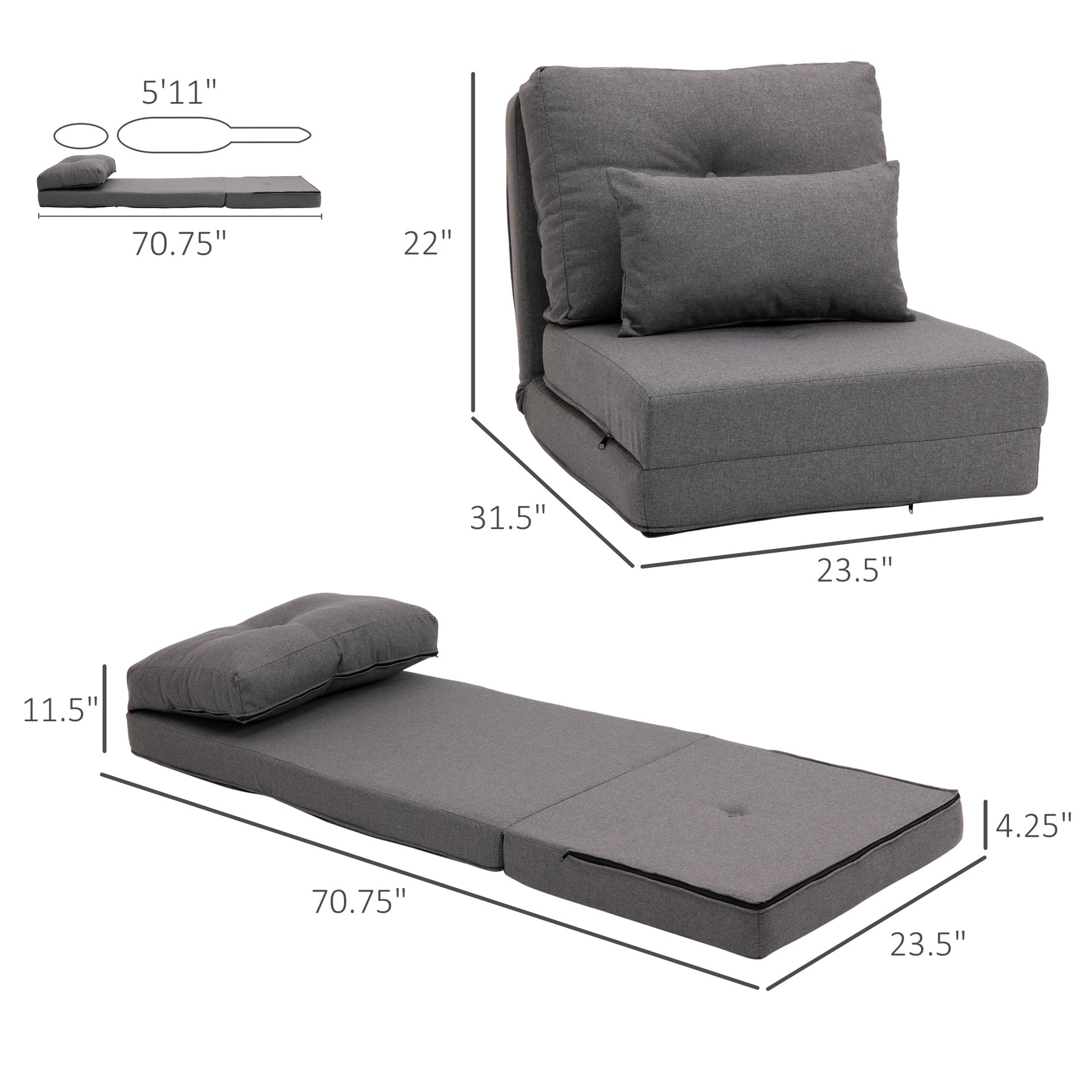 HOMCOM Convertible Flip Chair, Floor Lazy Sofa, Folding Upholstered Couch Bed with Adjustable Backrest, Metal Frame and Pillows for Living Room Bedroom, Dark Gray