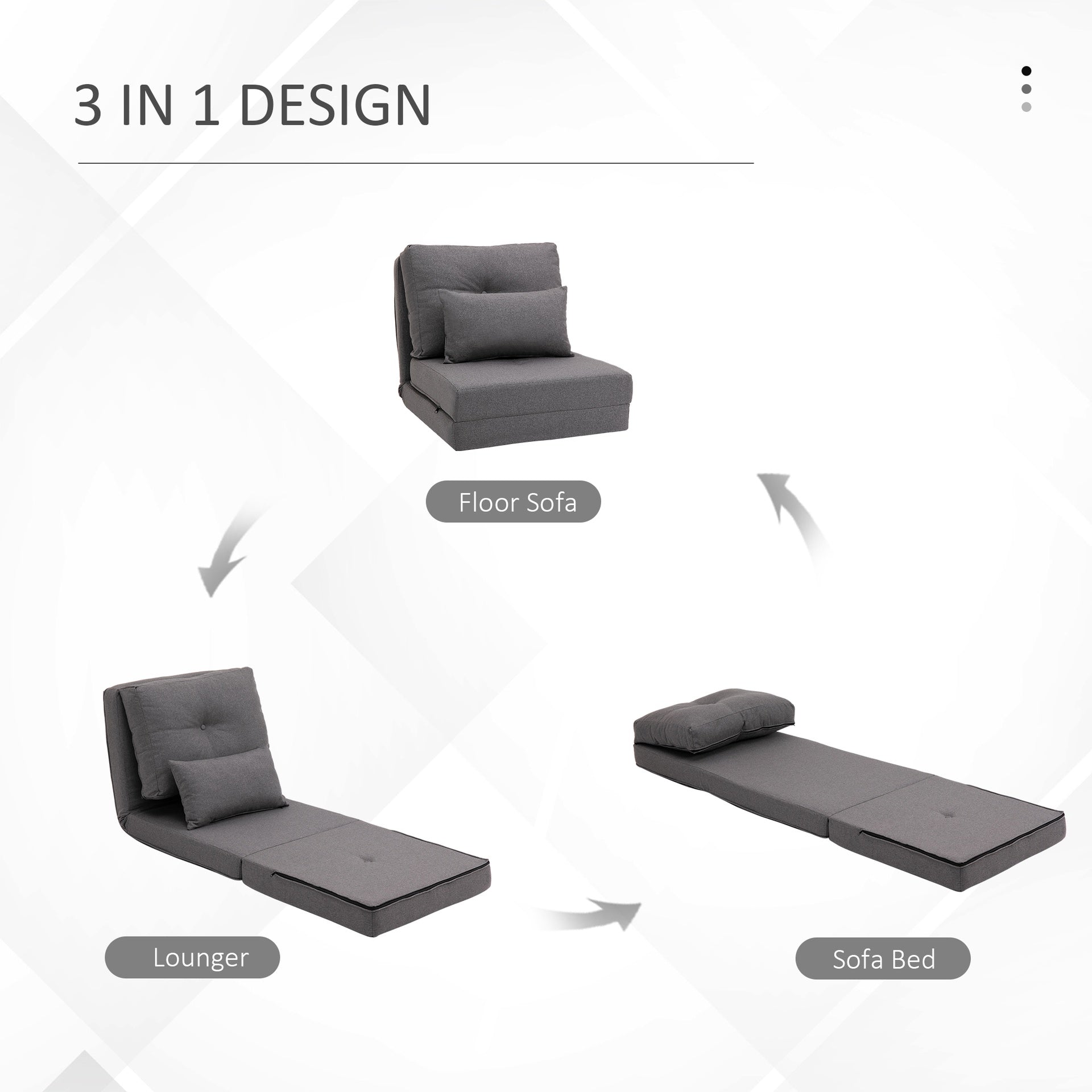 HOMCOM Convertible Flip Chair, Floor Lazy Sofa, Folding Upholstered Couch Bed with Adjustable Backrest, Metal Frame and Pillows for Living Room Bedroom, Dark Gray