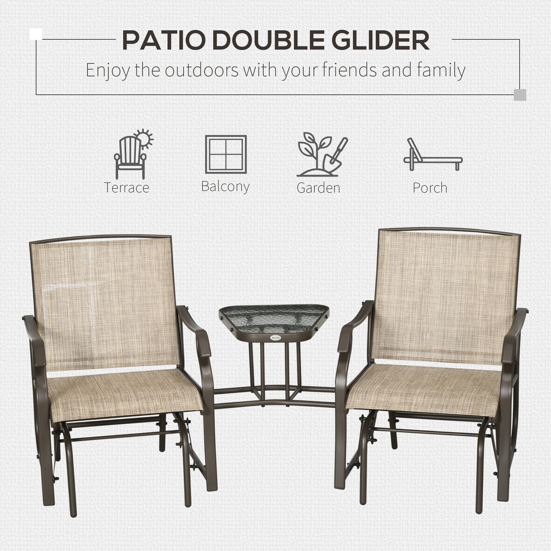 Outsunny Outdoor Glider Chairs with Coffee Table, Patio 2-Seat Rocking Chair Swing Loveseat with Breathable Sling for Backyard, Garden, and Porch, Light Brown