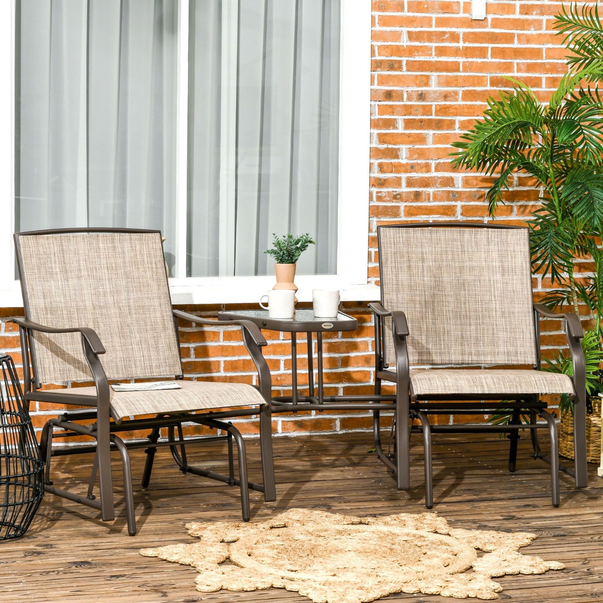 Outsunny Outdoor Glider Chairs with Coffee Table, Patio 2-Seat Rocking Chair Swing Loveseat with Breathable Sling for Backyard, Garden, and Porch, Light Brown