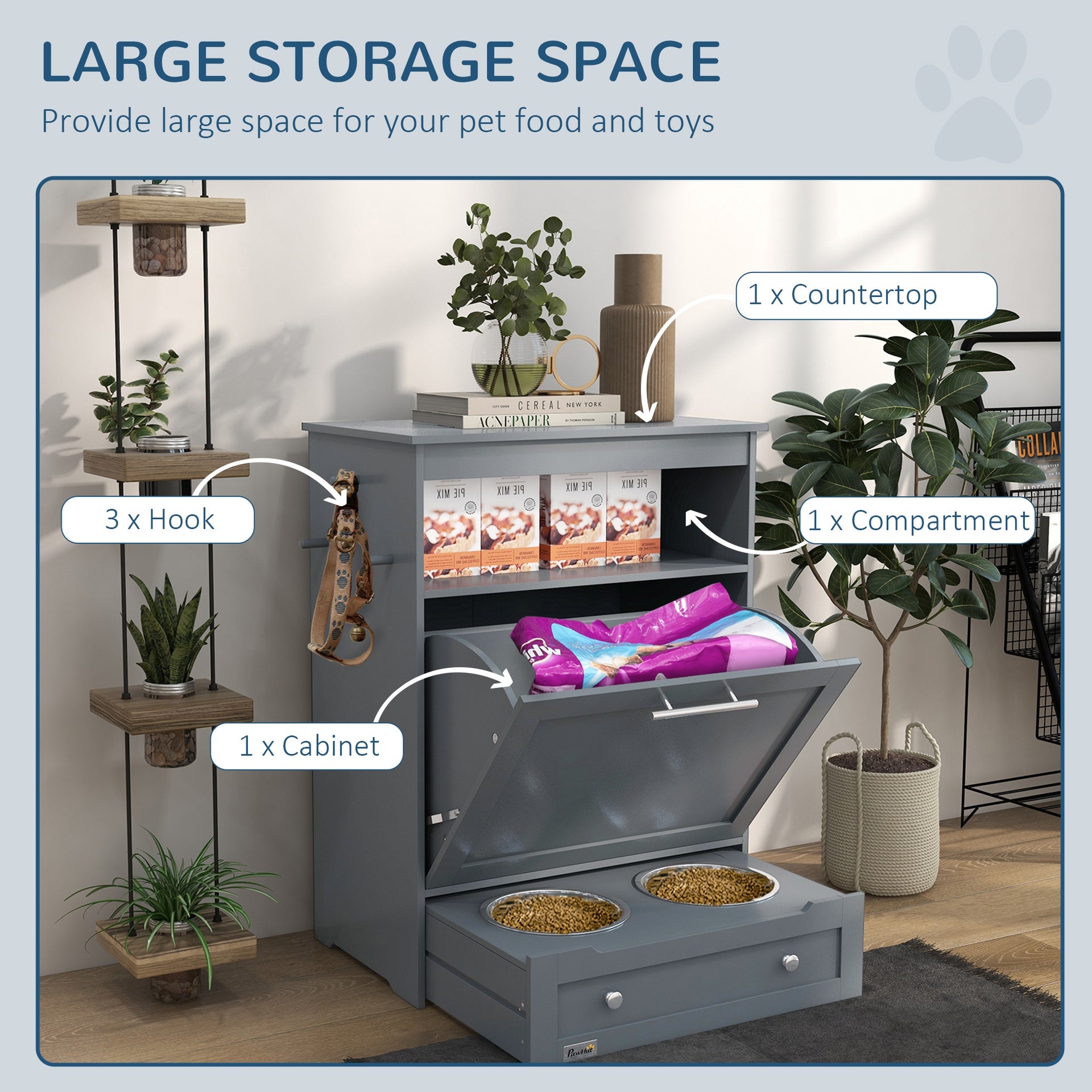 PawHut Pet Feeder Station Storage Cabinet, Dog Food Storage Container with Dog Raised Bowls, Watering Supplies, Gray