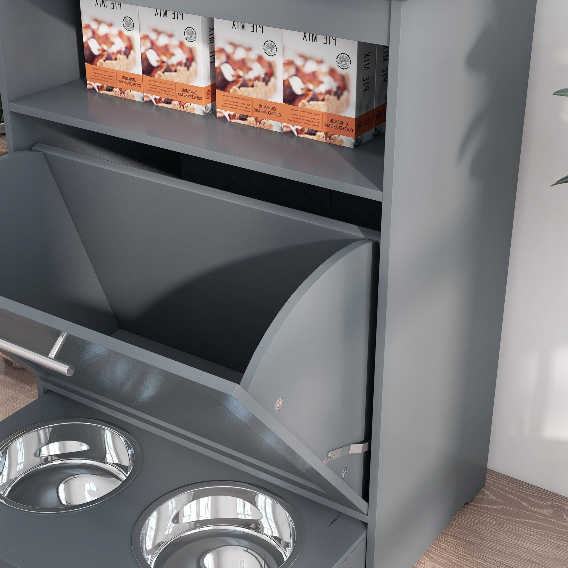 PawHut Pet Feeder Station Storage Cabinet, Dog Food Storage Container with Dog Raised Bowls, Watering Supplies, Gray