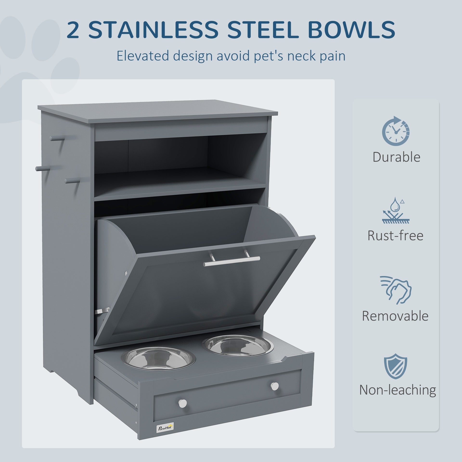 PawHut Pet Feeder Station Storage Cabinet, Dog Food Storage Container with Dog Raised Bowls, Watering Supplies, Gray