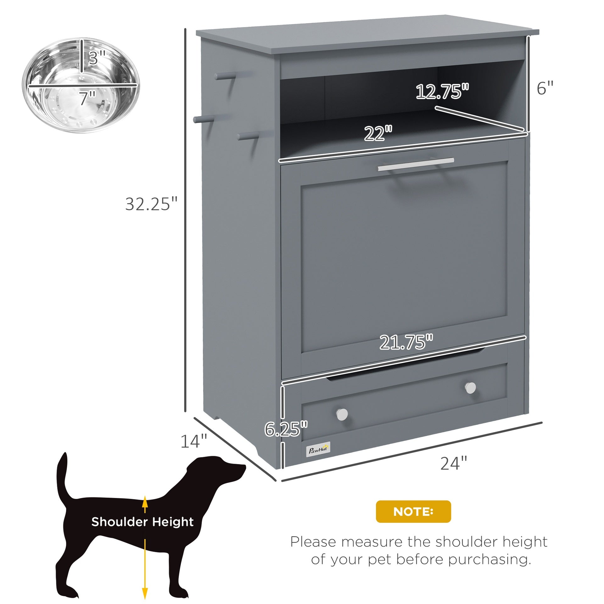 PawHut Pet Feeder Station Storage Cabinet, Dog Food Storage Container with Dog Raised Bowls, Watering Supplies, Gray