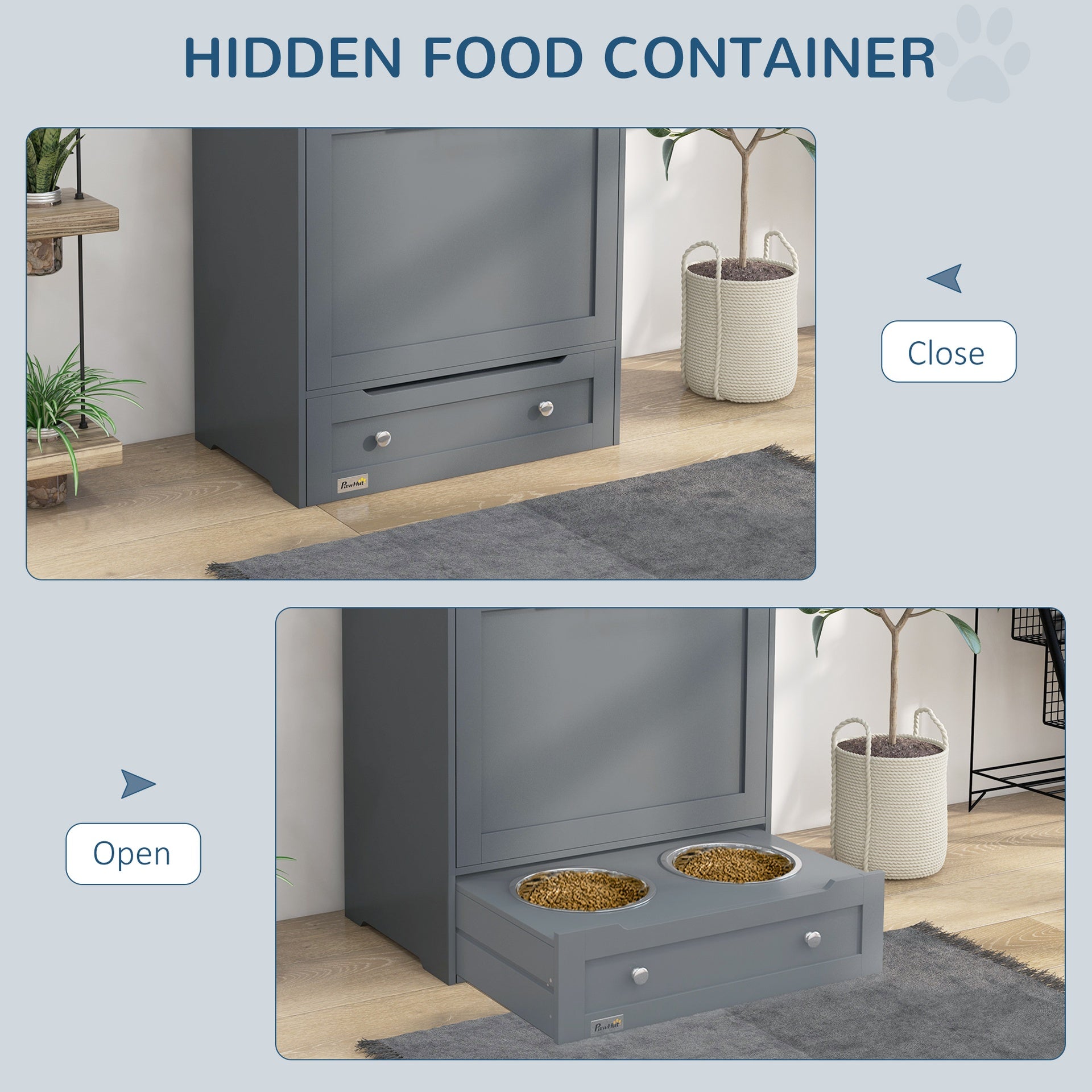 PawHut Pet Feeder Station Storage Cabinet, Dog Food Storage Container with Dog Raised Bowls, Watering Supplies, Gray