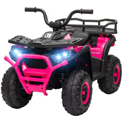 Qaba 12V Kids ATV, 4 Wheeler Quad with 4 Spring Suspension Wheels, LED Lights, Music USB, Pink