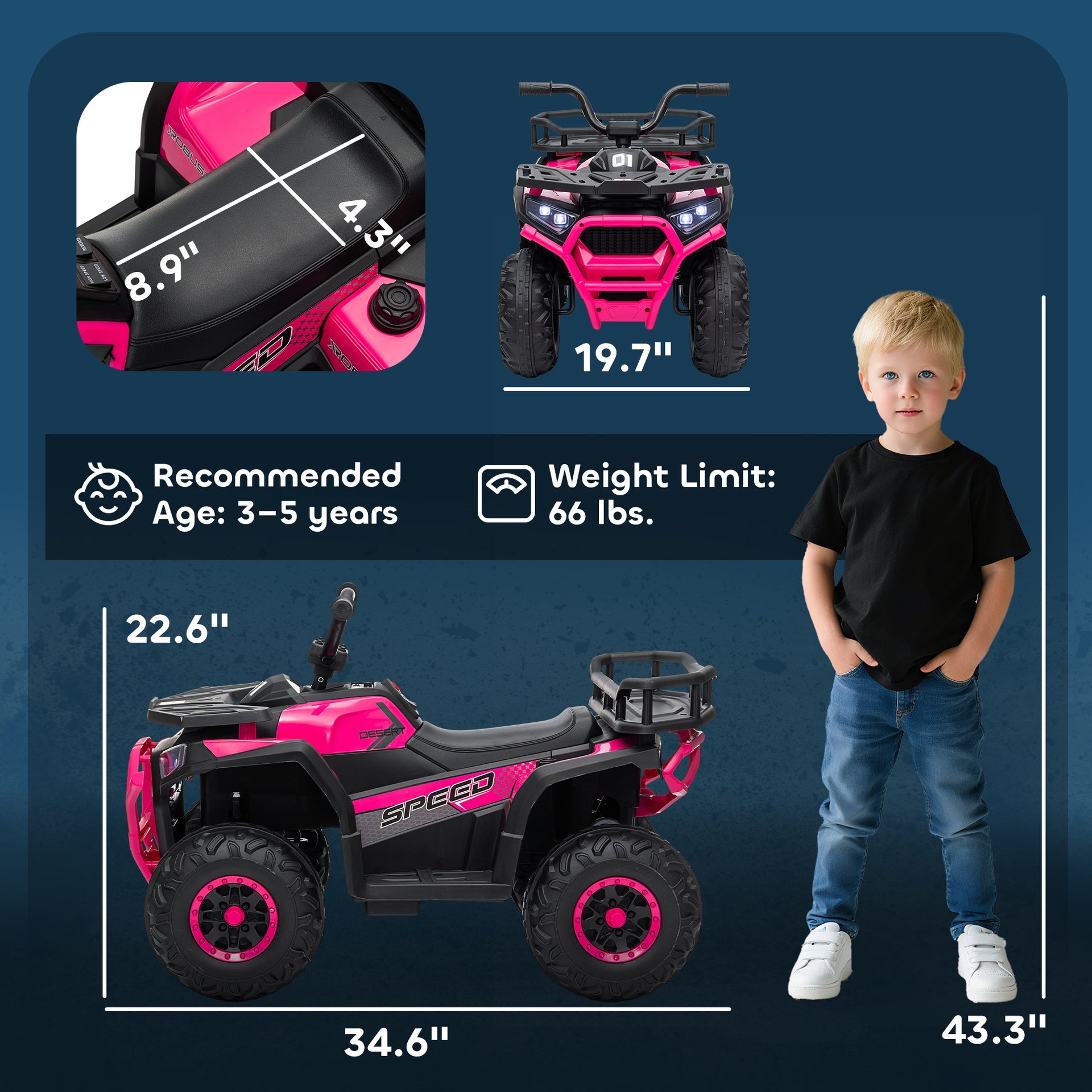 Qaba 12V Kids ATV, 4 Wheeler Quad with 4 Spring Suspension Wheels, LED Lights, Music USB, Pink