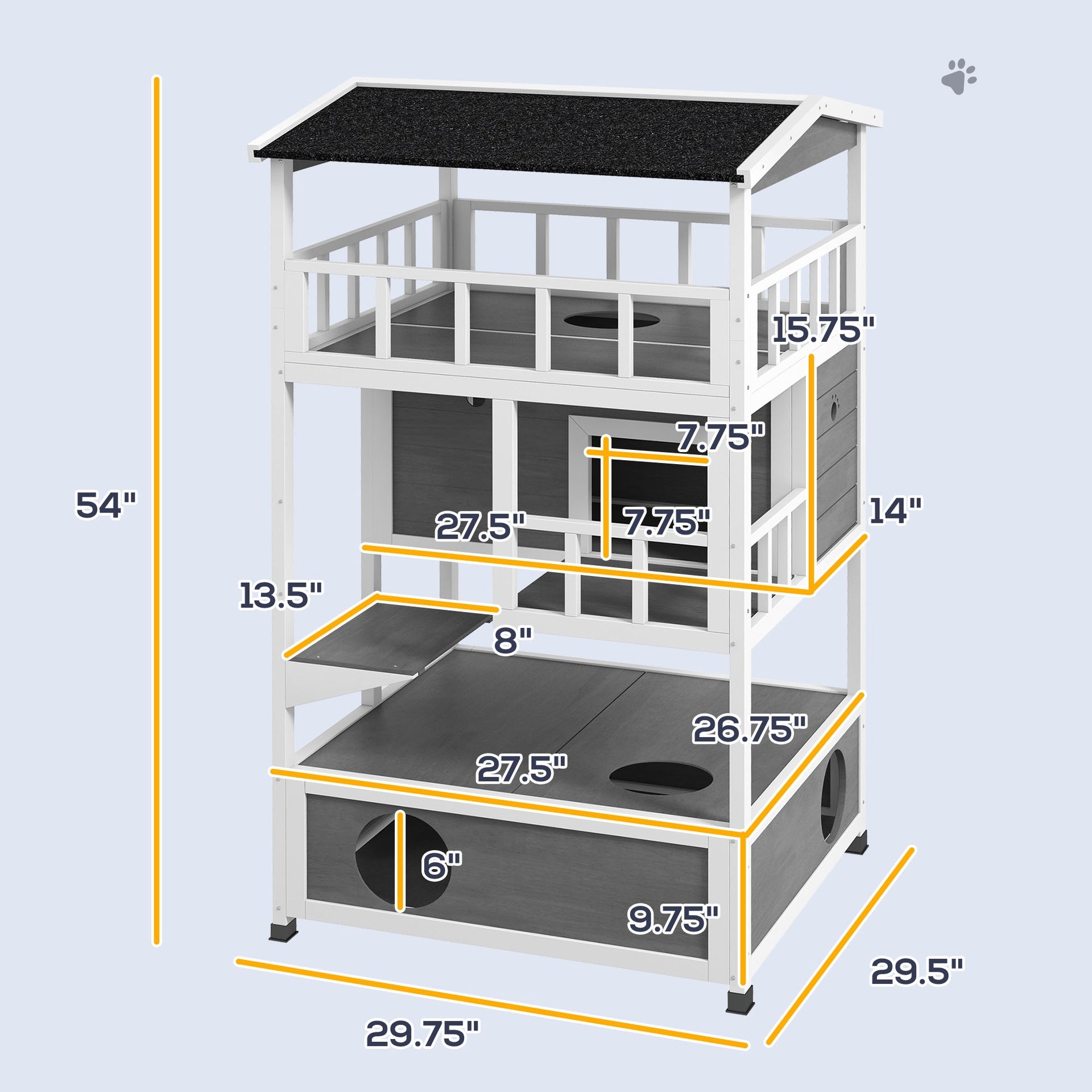 PawHut Wooden Outdoor Cat House with Asphalt Roof, Escape Doors, Condo, Jumping Platform, Light Gray