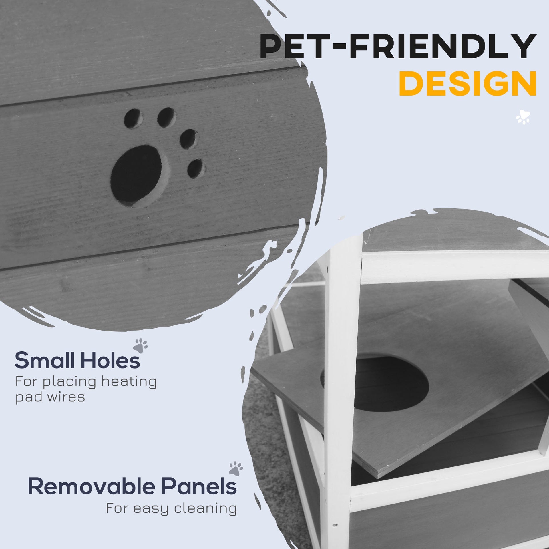 PawHut Wooden Outdoor Cat House with Asphalt Roof, Escape Doors, Condo, Jumping Platform, Light Gray