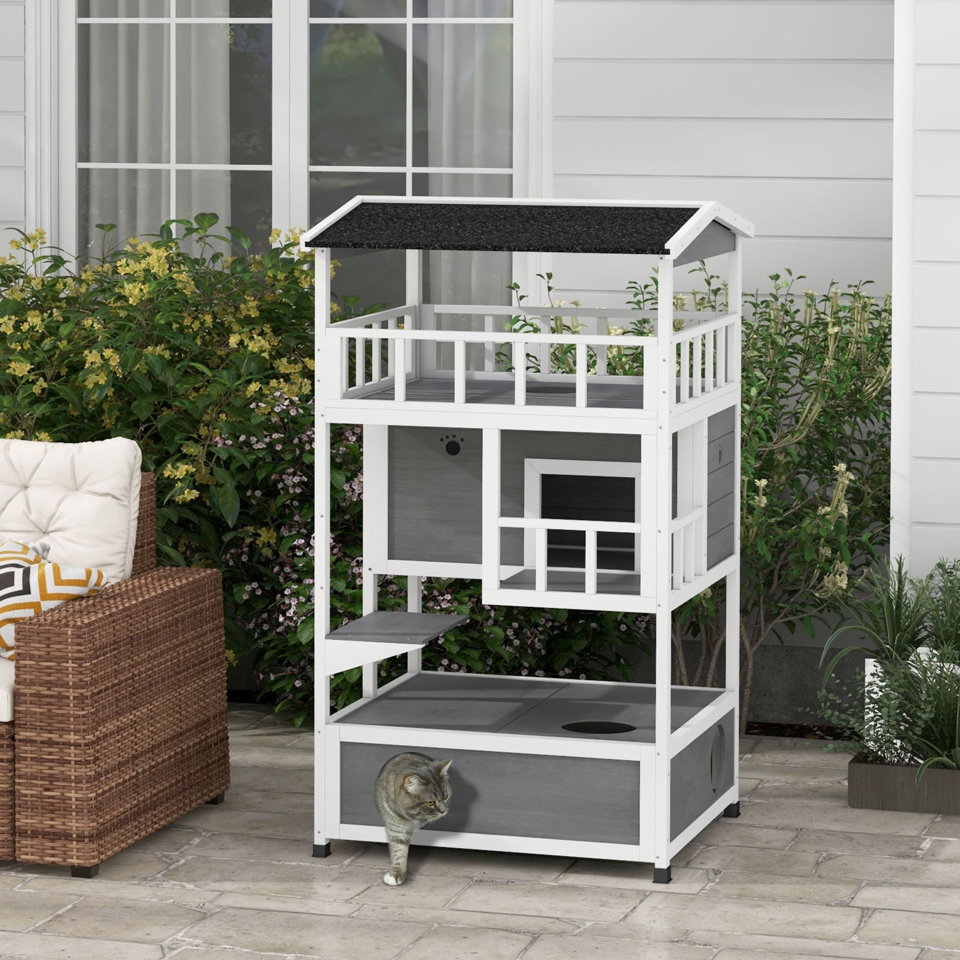 PawHut Wooden Outdoor Cat House with Asphalt Roof, Escape Doors, Condo, Jumping Platform, Light Gray