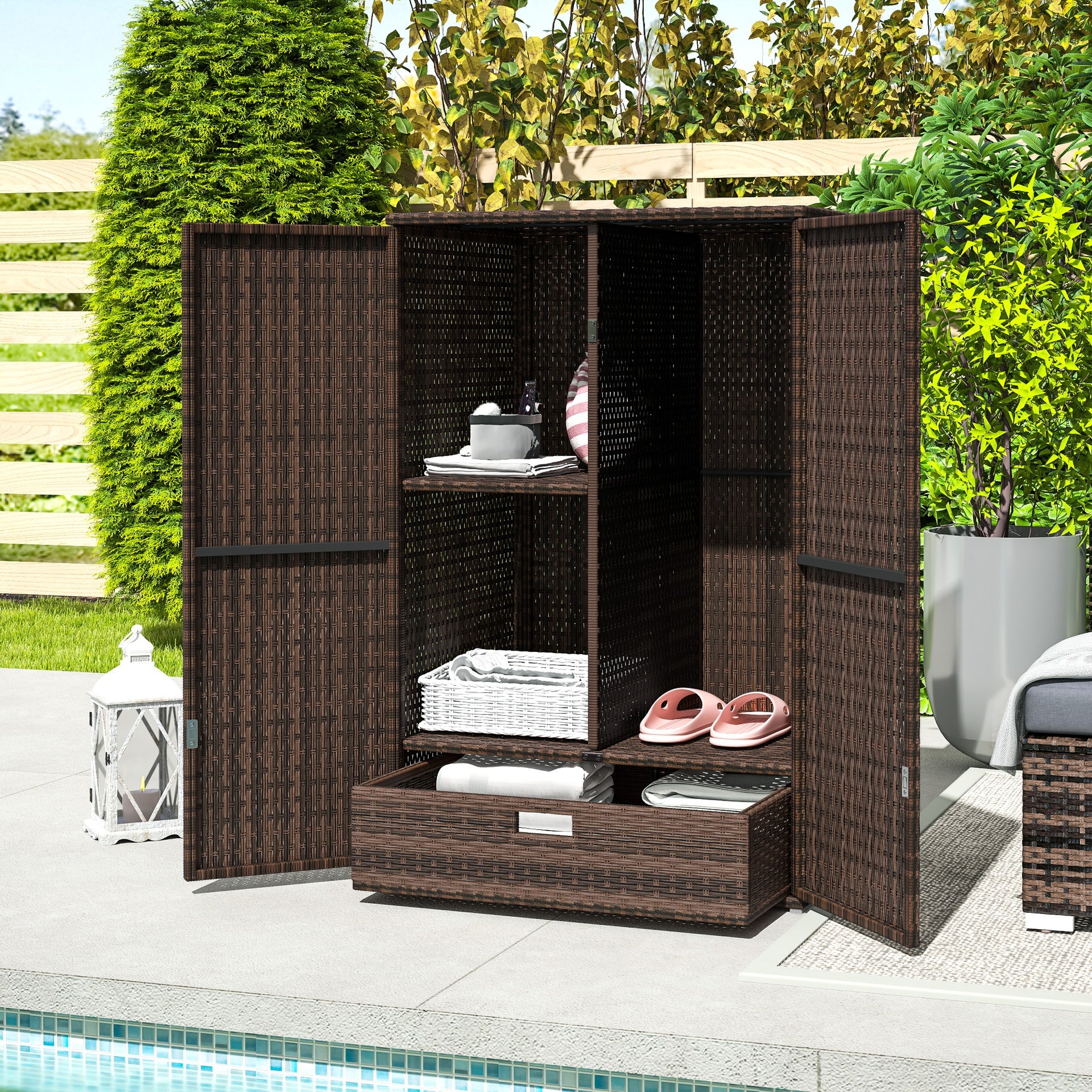 Outsunny Outdoor Storage Cabinet with Shelves, Rattan Pool Towel Storage Cabinet with Removable Shelf & Drawer, Mixed Brown