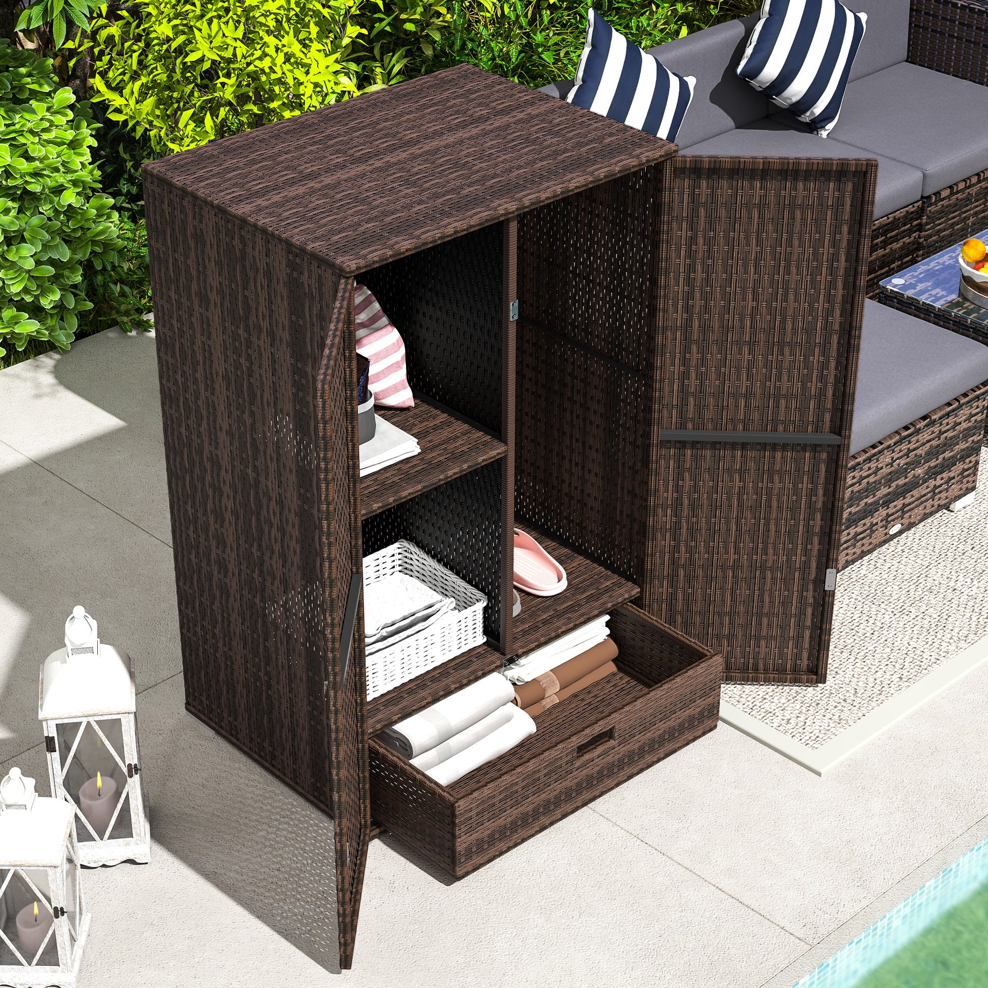 Outsunny Outdoor Storage Cabinet with Shelves, Rattan Pool Towel Storage Cabinet with Removable Shelf & Drawer, Mixed Brown