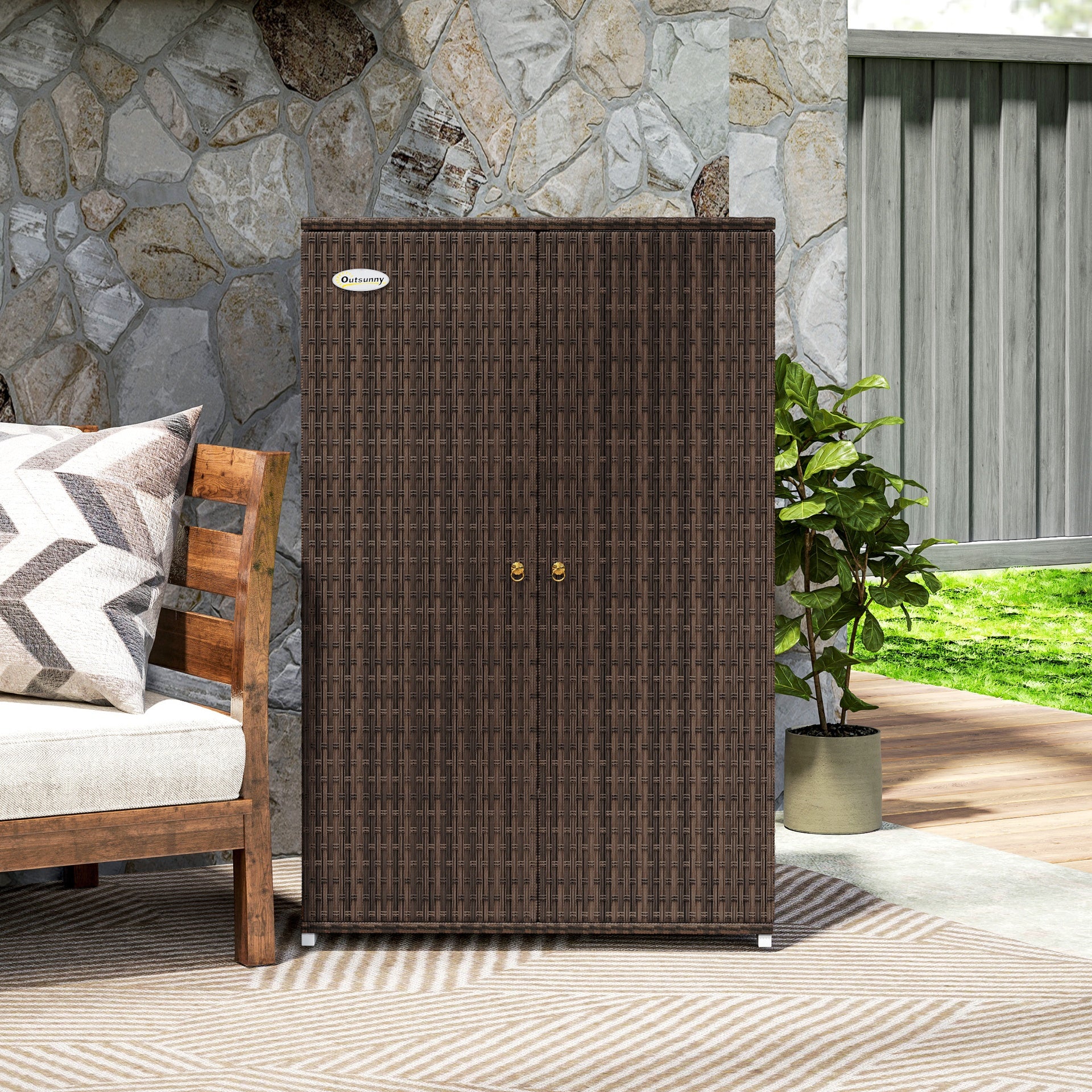 Outsunny Outdoor Storage Cabinet with Shelves, Rattan Pool Towel Storage Cabinet with Removable Shelf & Drawer, Mixed Brown