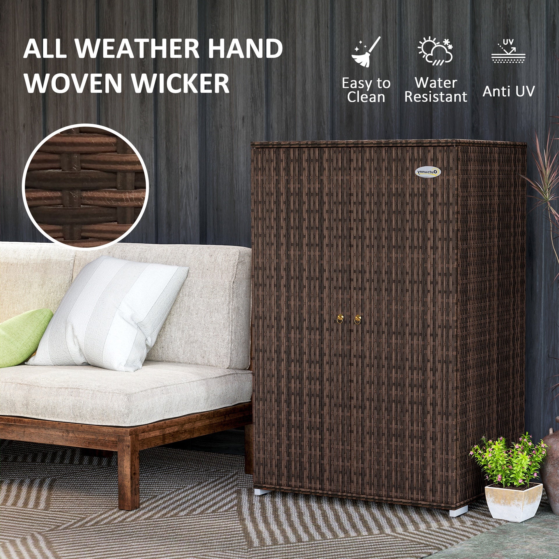 Outsunny Outdoor Storage Cabinet with Shelves, Rattan Pool Towel Storage Cabinet with Removable Shelf & Drawer, Mixed Brown