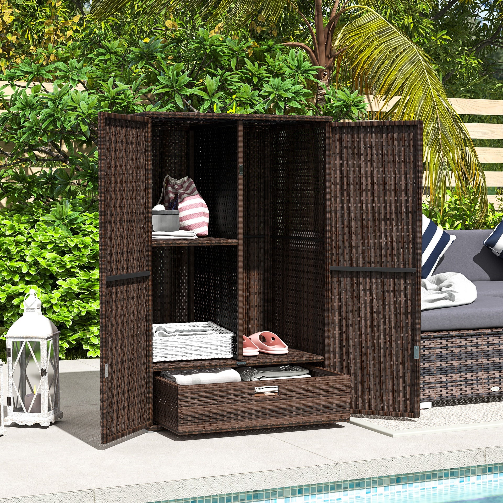 Outsunny Outdoor Storage Cabinet with Shelves, Rattan Pool Towel Storage Cabinet with Removable Shelf & Drawer, Mixed Brown