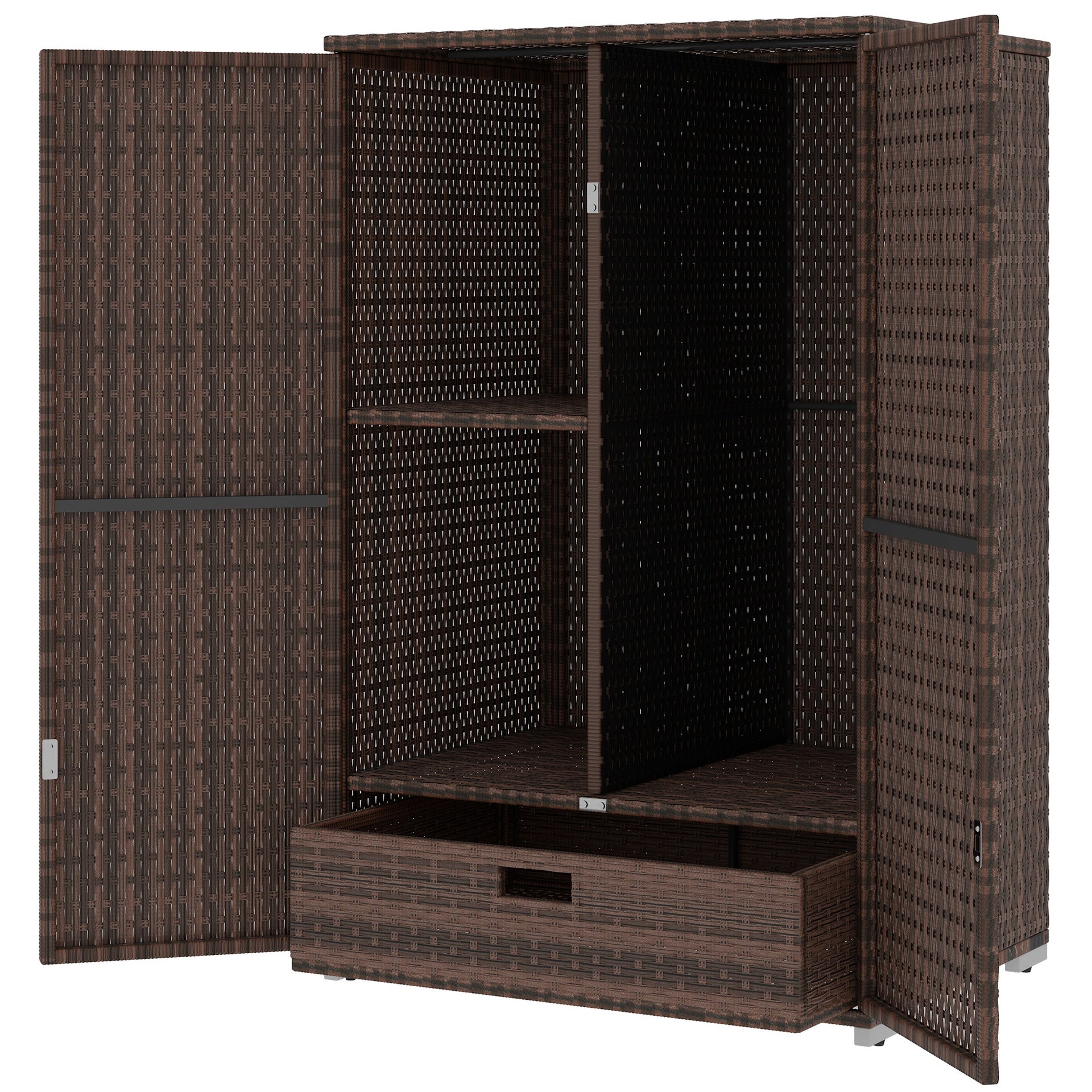 Outsunny Outdoor Storage Cabinet with Shelves, Rattan Pool Towel Storage Cabinet with Removable Shelf & Drawer, Mixed Brown