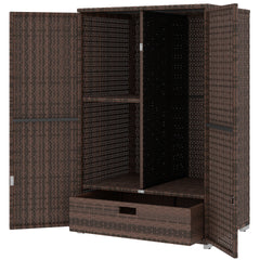 Outsunny Outdoor Storage Cabinet with Shelves, Rattan Pool Towel Storage Cabinet with Removable Shelf & Drawer, Mixed Brown
