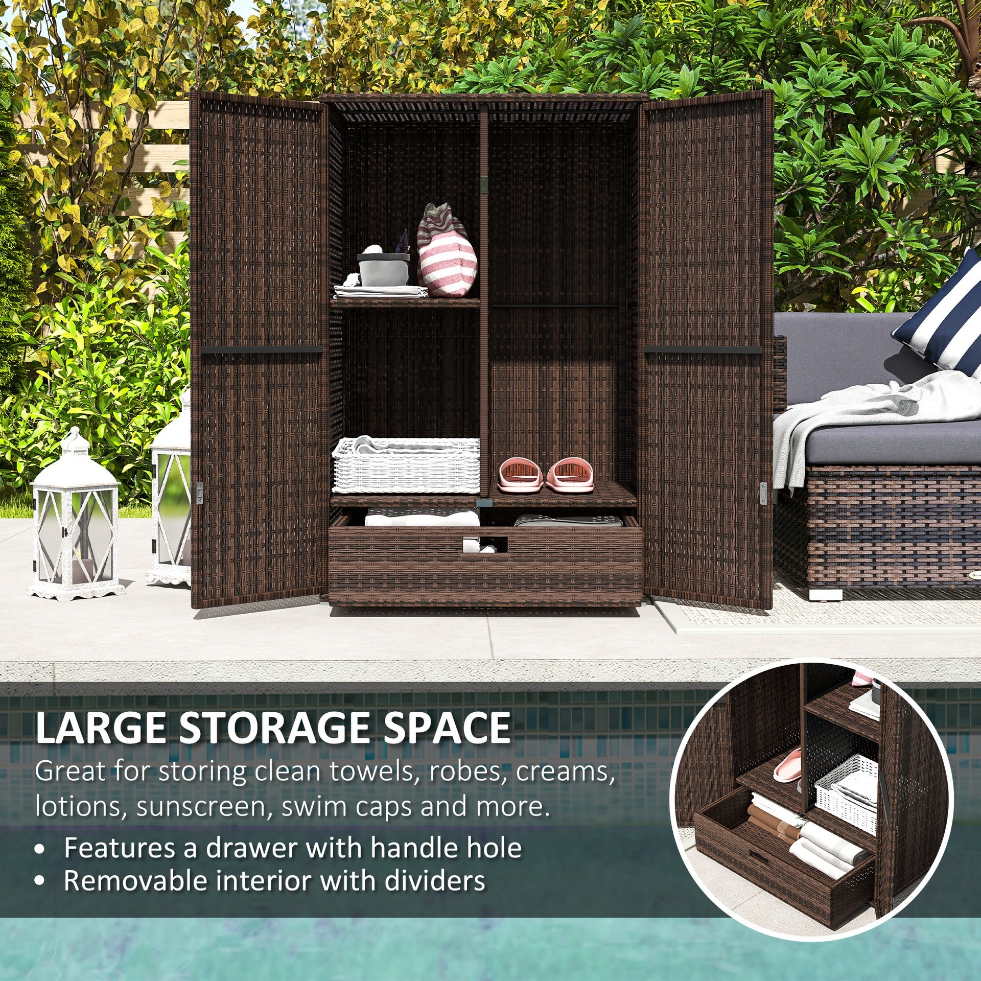 Outsunny Outdoor Storage Cabinet with Shelves, Rattan Pool Towel Storage Cabinet with Removable Shelf & Drawer, Mixed Brown