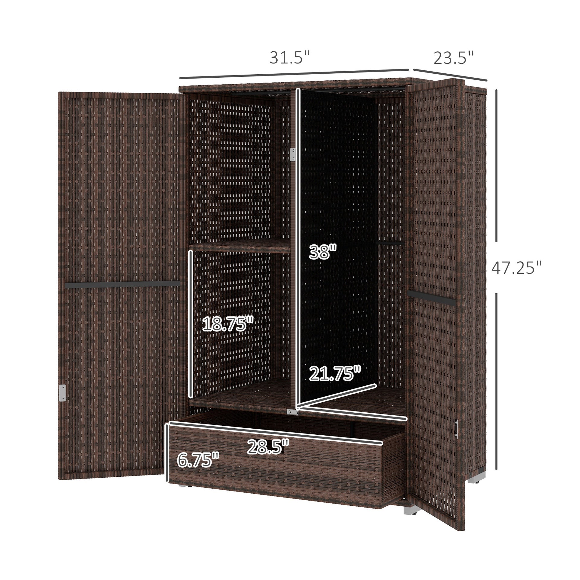 Outsunny Outdoor Storage Cabinet with Shelves, Rattan Pool Towel Storage Cabinet with Removable Shelf & Drawer, Mixed Brown