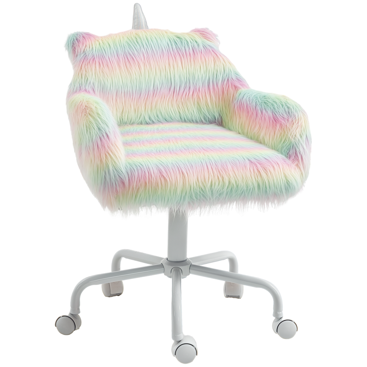 HOMCOM Fluffy Unicorn Office Chair with Mid-Back and Armrest Support, 5 Star Swivel Wheel White Base, Rainbow