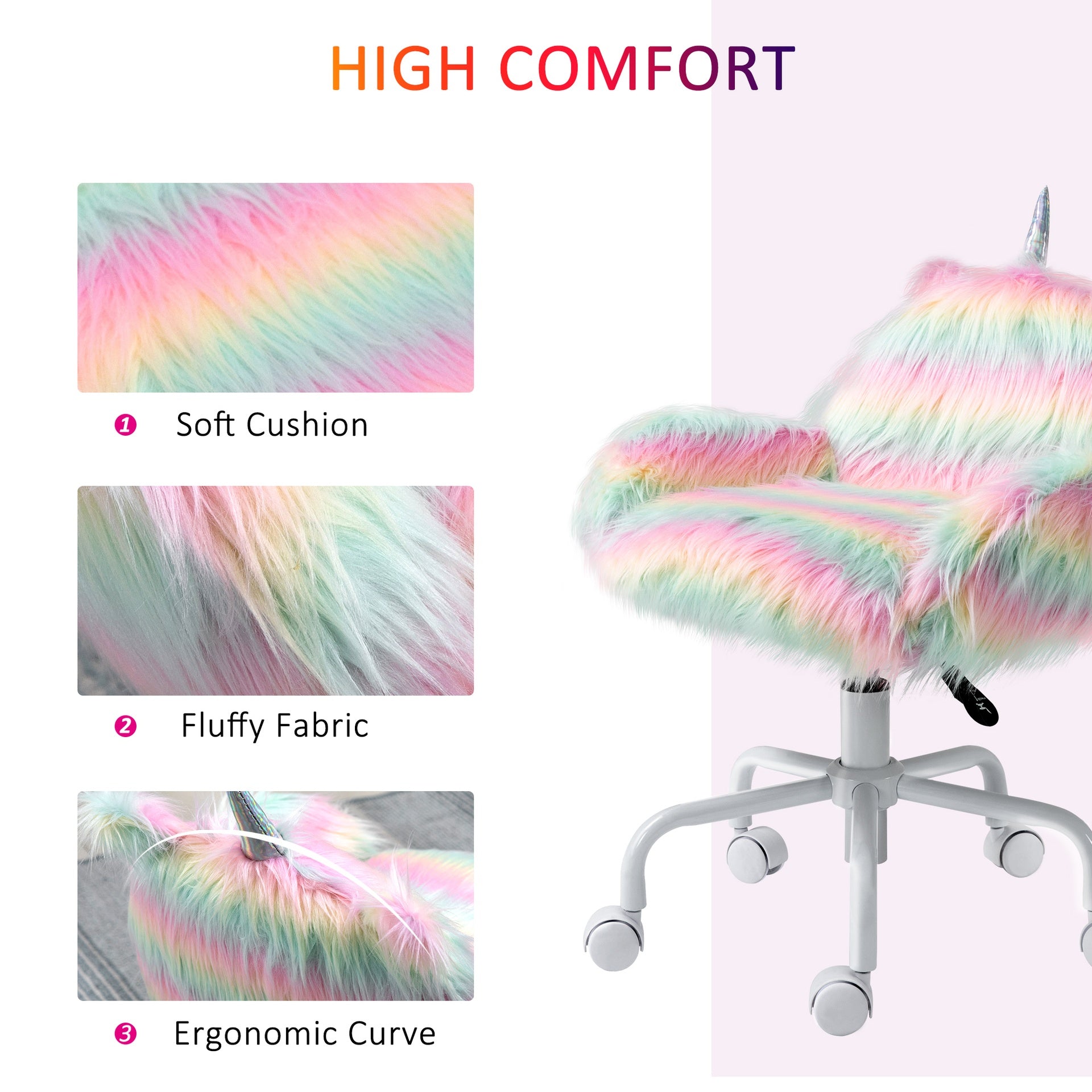 HOMCOM Fluffy Unicorn Office Chair with Mid-Back and Armrest Support, 5 Star Swivel Wheel White Base, Rainbow