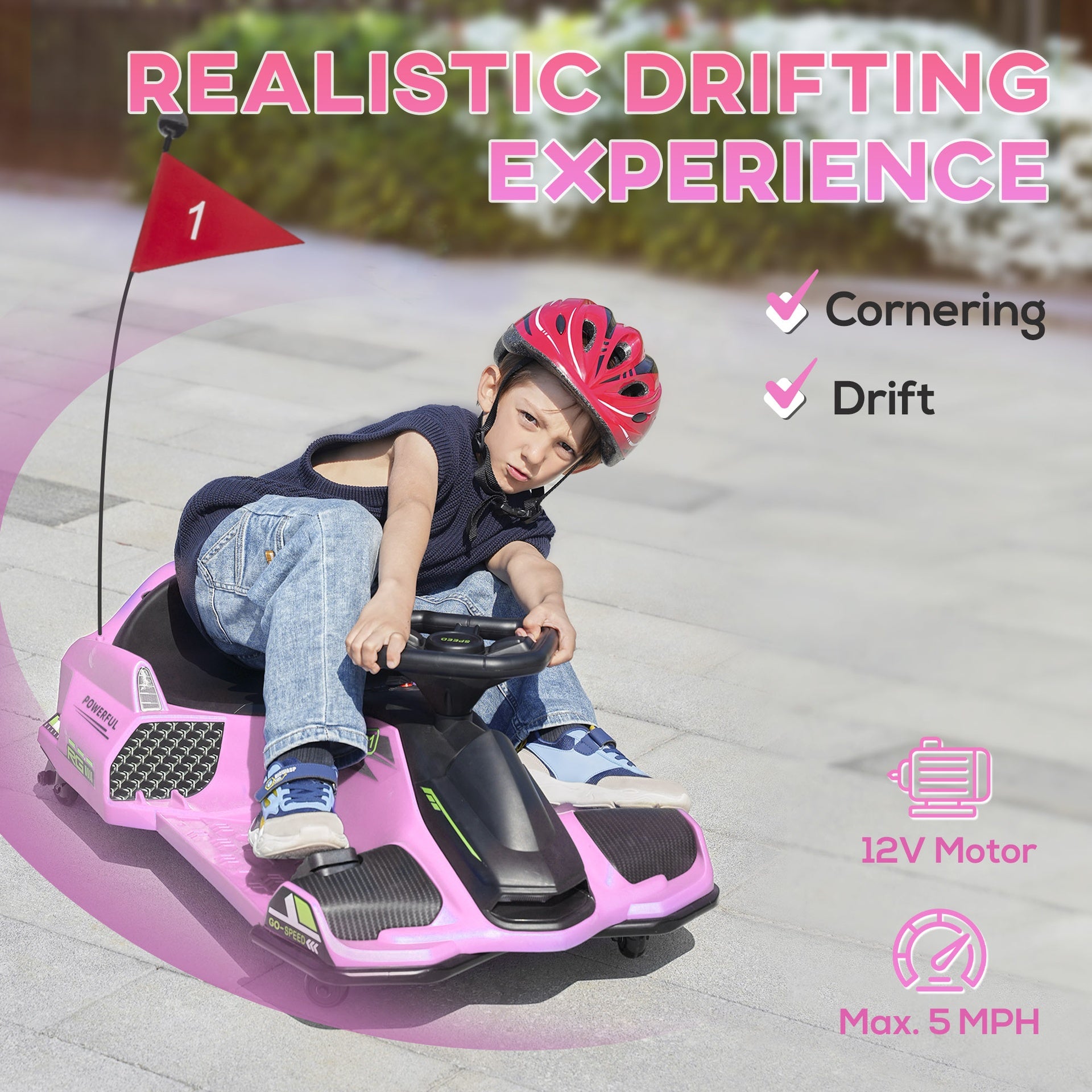 Aosom 12V Electric Drifting Go Kart w/ Slow Start, Music, Lights, Pink