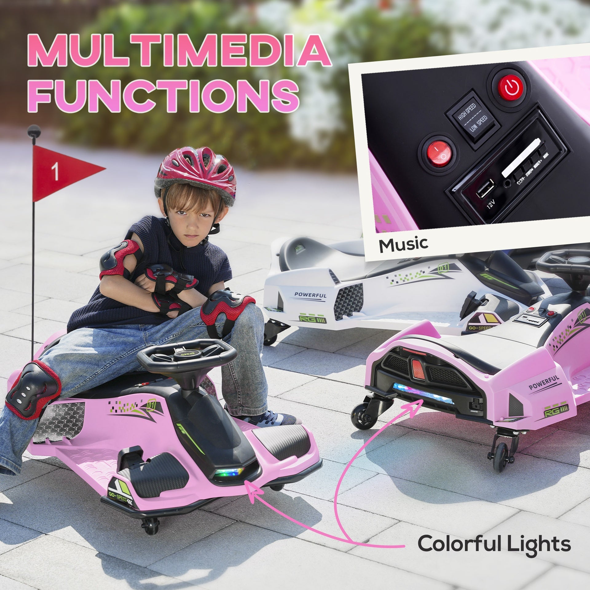 Aosom 12V Electric Drifting Go Kart w/ Slow Start, Music, Lights, Pink