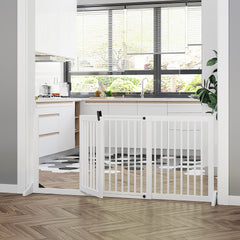 PawHut Freestanding Length Adjustable Wooden Pet Gate with Lockable Door 3 Panels, White