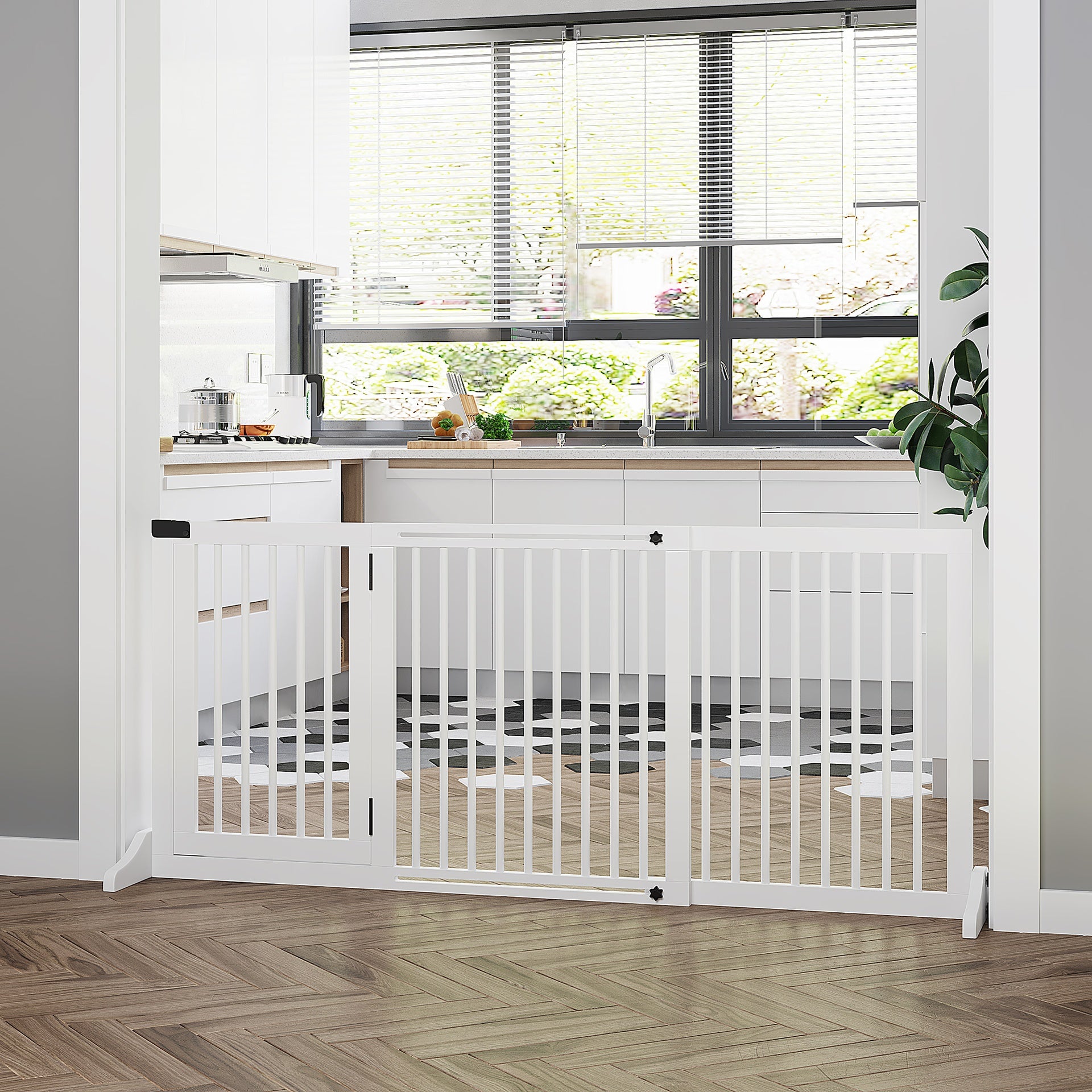 PawHut Freestanding Length Adjustable Wooden Pet Gate with Lockable Door 3 Panels, White