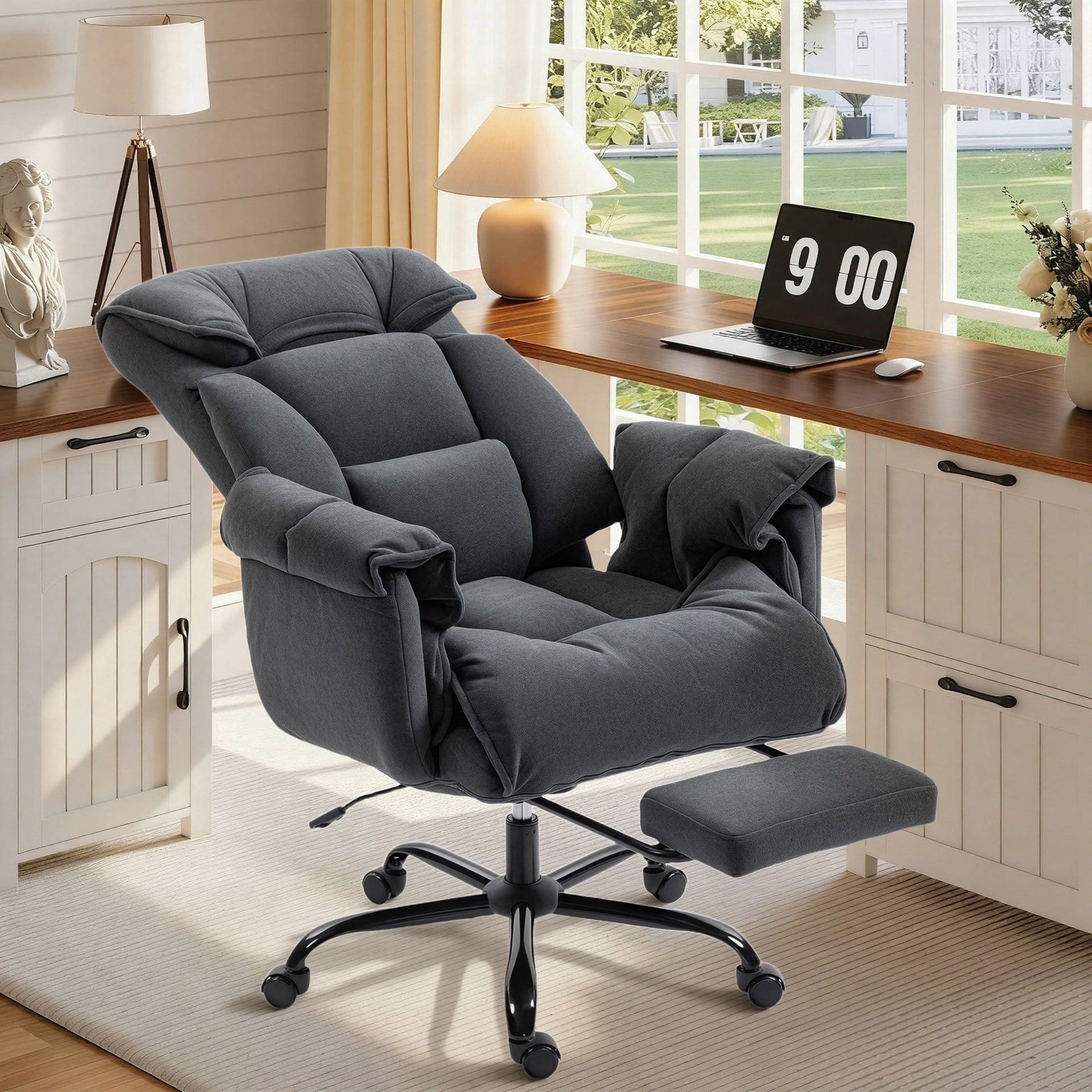 HOMCOM High Back Office Chair, Reclining Desk Chair with Footrest, High Resilience Foam, Rolling Wheels, Dark Gray