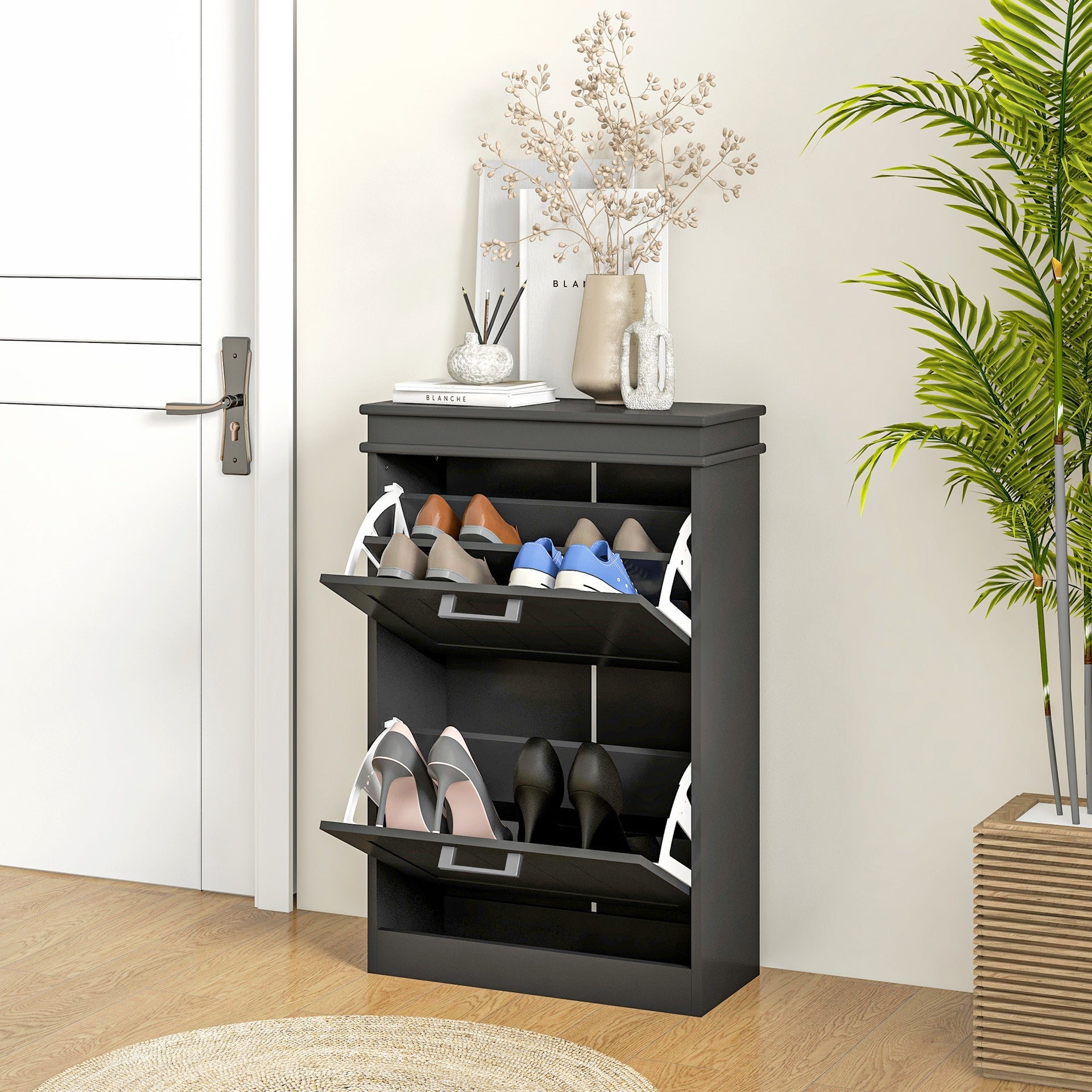 HOMCOM Modern Shoe Storage Cabinet with 2 Flip Drawers for 10 Pairs, Narrow Shoe Organizer for Entryway, Hallway, Black