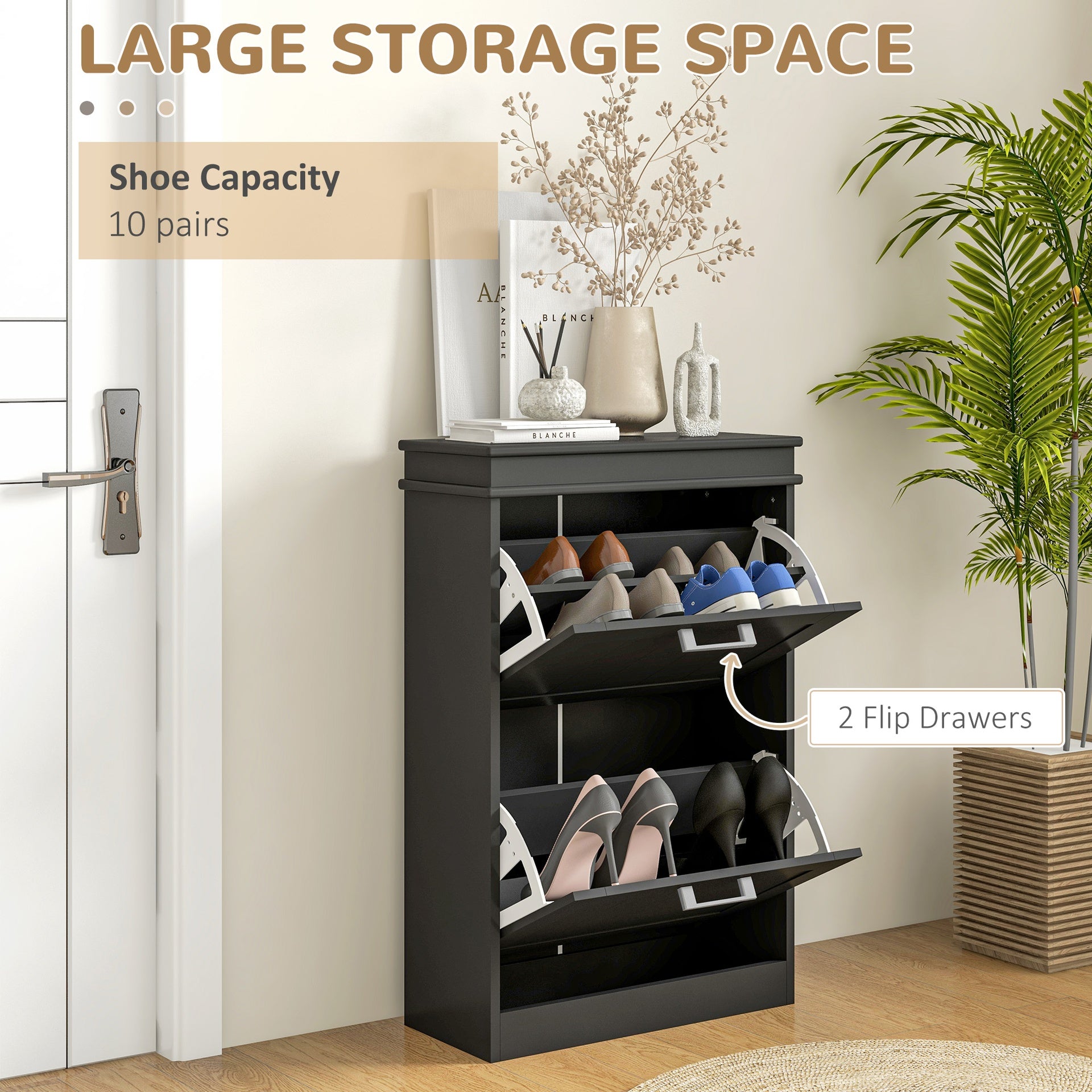 HOMCOM Modern Shoe Storage Cabinet with 2 Flip Drawers for 10 Pairs, Narrow Shoe Organizer for Entryway, Hallway, Black