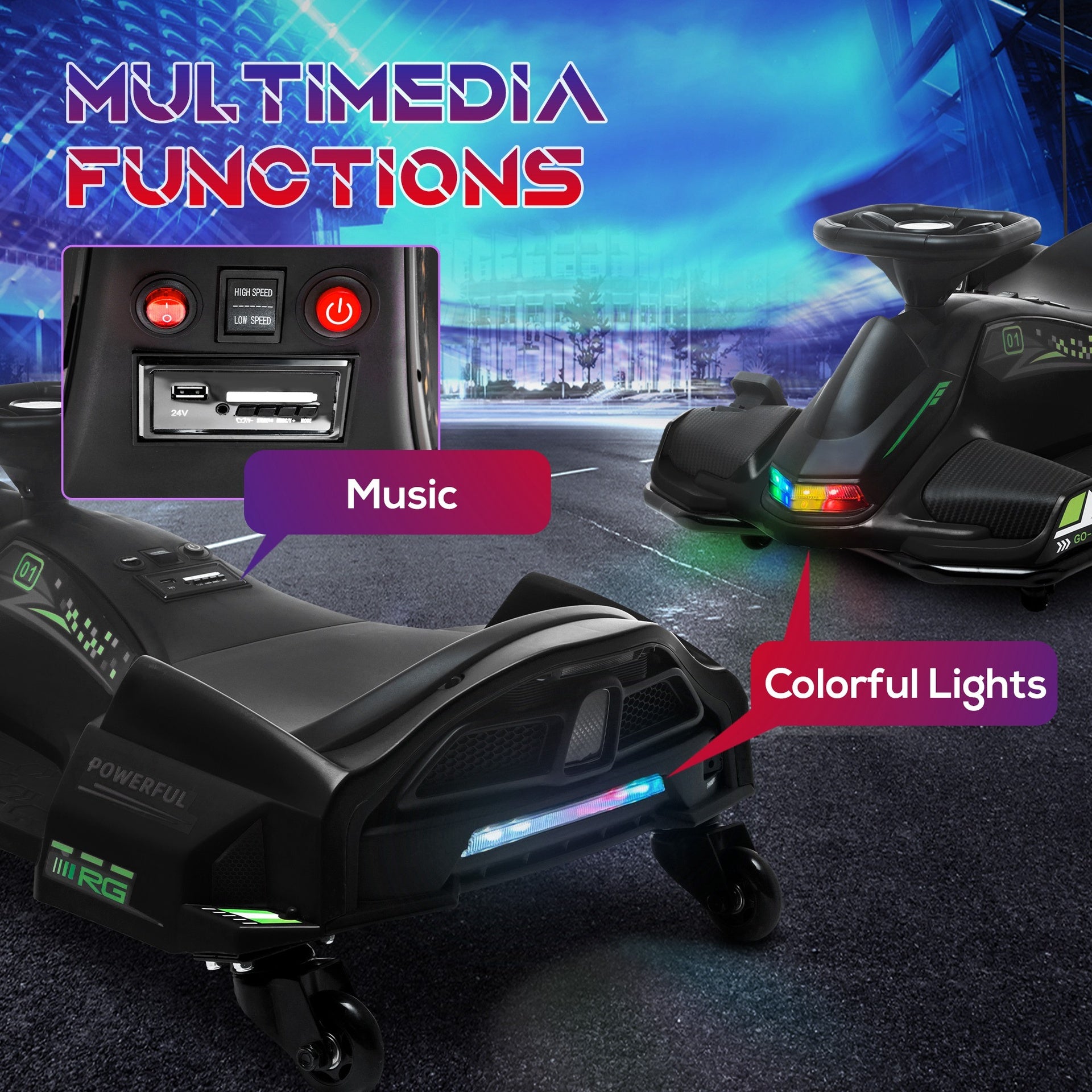 Aosom 12V Electric Drifting Go Kart w/ Slow Start, Music, Lights, Black